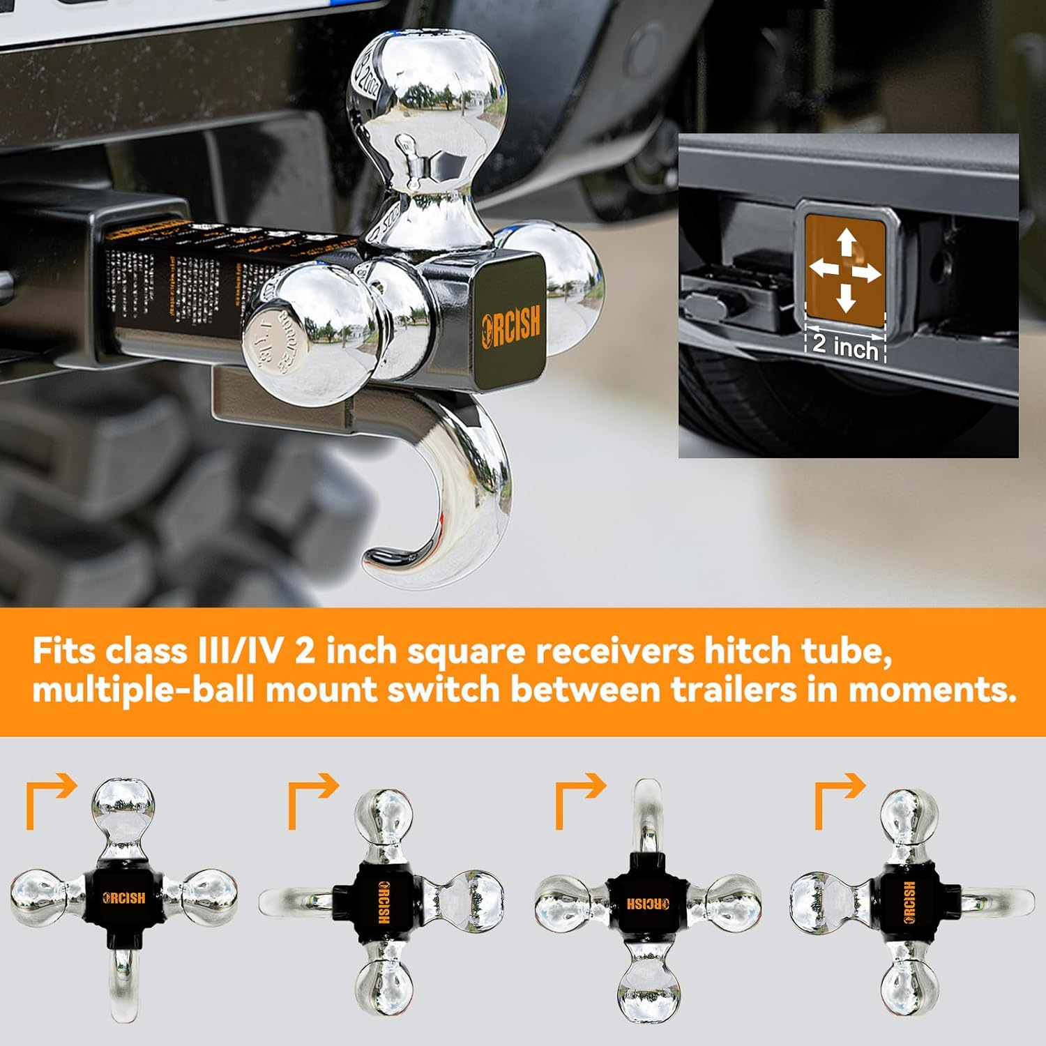 ORCISH Trailer Hitch Tri-Ball Mount with Hook & Pin, Trailer Ball Size 1-7/8", 2" and 2-5/16", Fit 2 Inch Hitch Receiver, 2/3 in 1 Ball Truck Hitch, Tow Hitch - Classic image number 6