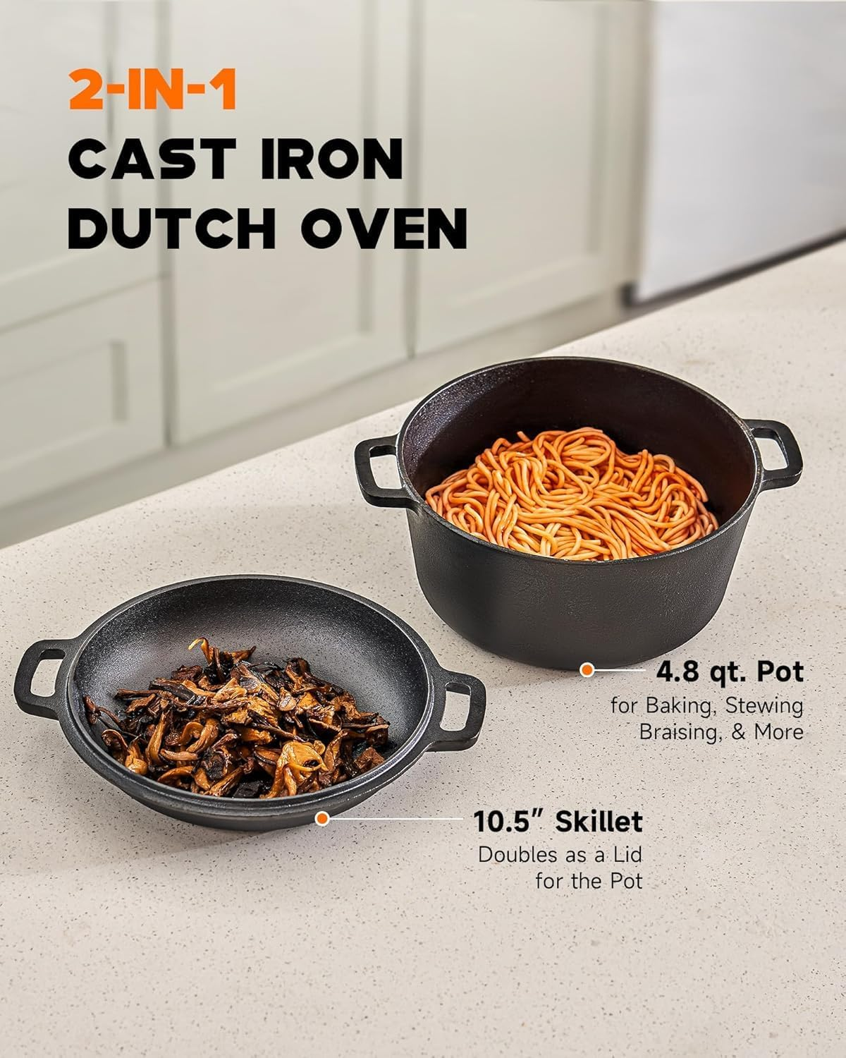 2-In-1 Pre-Seasoned Cast Iron Dutch Oven with Lid, 4.8 Qt Pot & 10.5 in Skillet Cookware Set with Handles & Lid Lifter, Deep Pot for Baking Stewing Roasting, Indoor & Outdoor Use image number 5