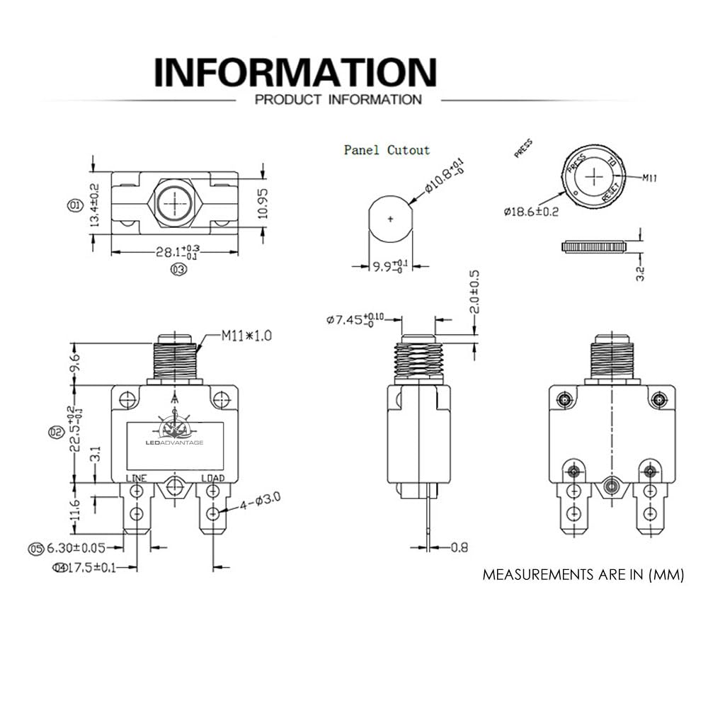 LEDADVANTAGE 12V ~24V 10A Resettable Button Overload Protector Switch Circuit Breakers (5 Pack) image number 1