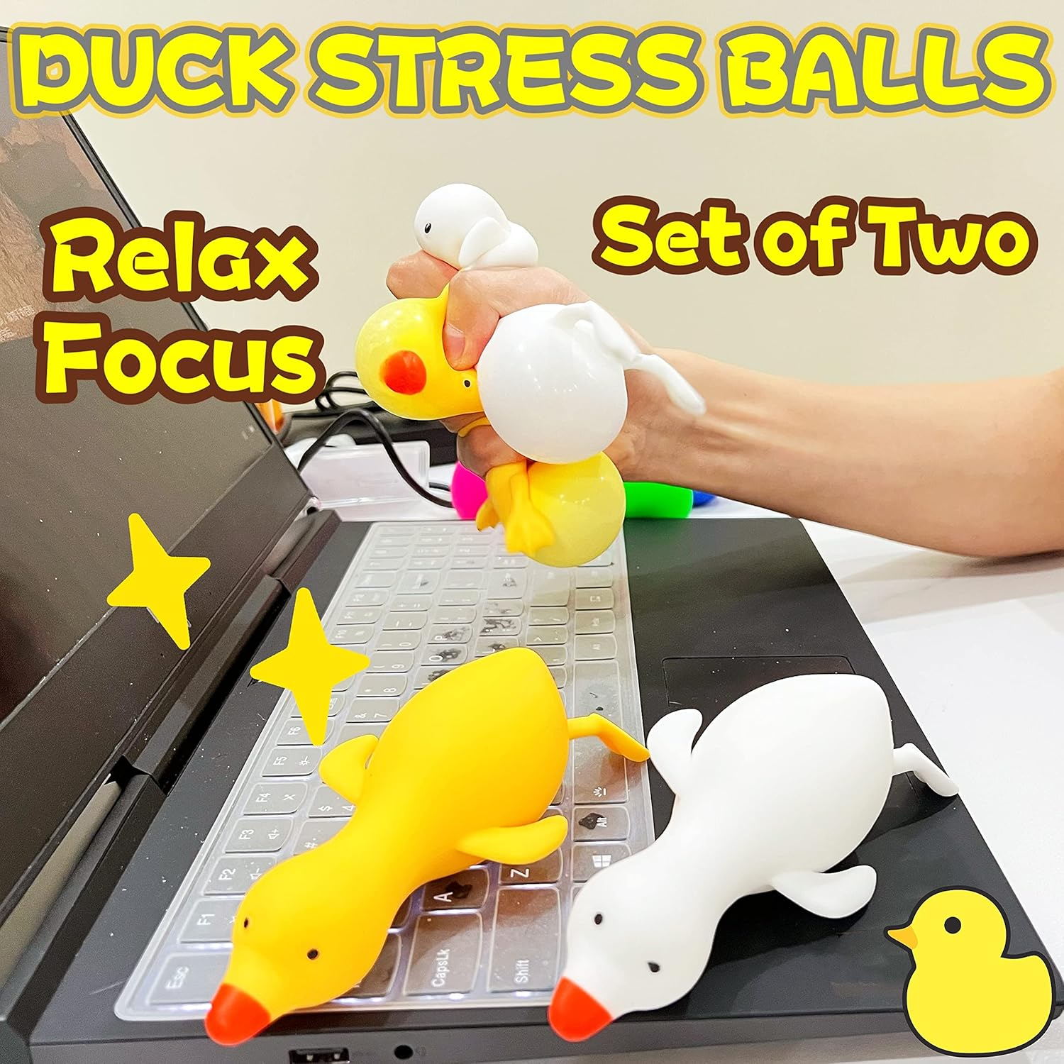 Stretchy Stress Relief Balls (Set of 2) Duck Squeeze Ball Sensory Fidget Toys | Anxiety Relief Animal Dough Balls for Boys, Girls, Kids, Adults | Squishy Stress Balls Squish Toys image number 2