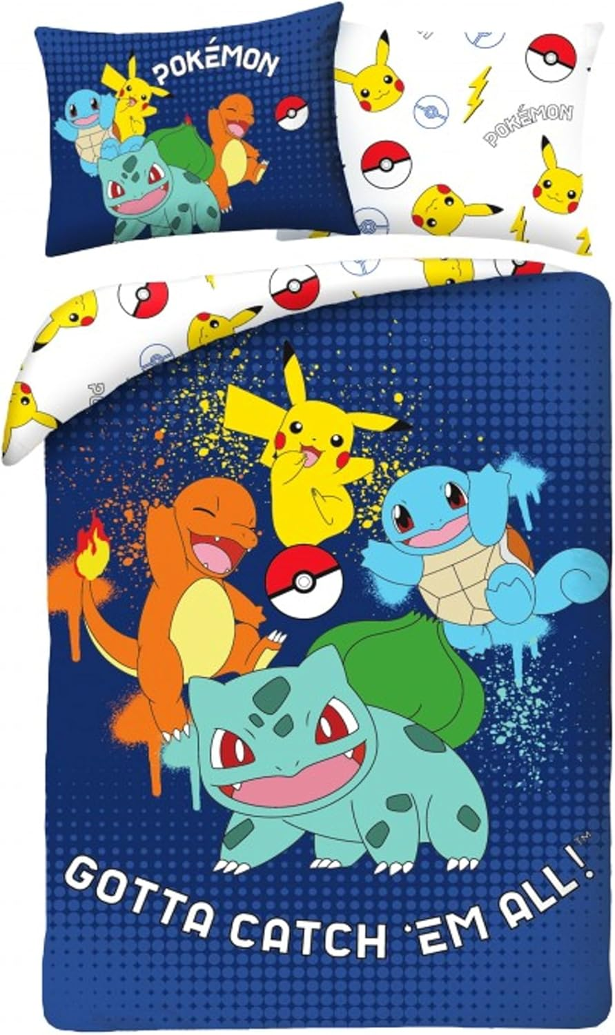Children'S Reversible Bed Linen, Oeko-Tex Duvet Cover 140 X 200 Cm and Pillowcase 70 X 90 Cm, Pokemon with Pikachu, Glumanda, Sword Beetle and Bulbizarr image number 1