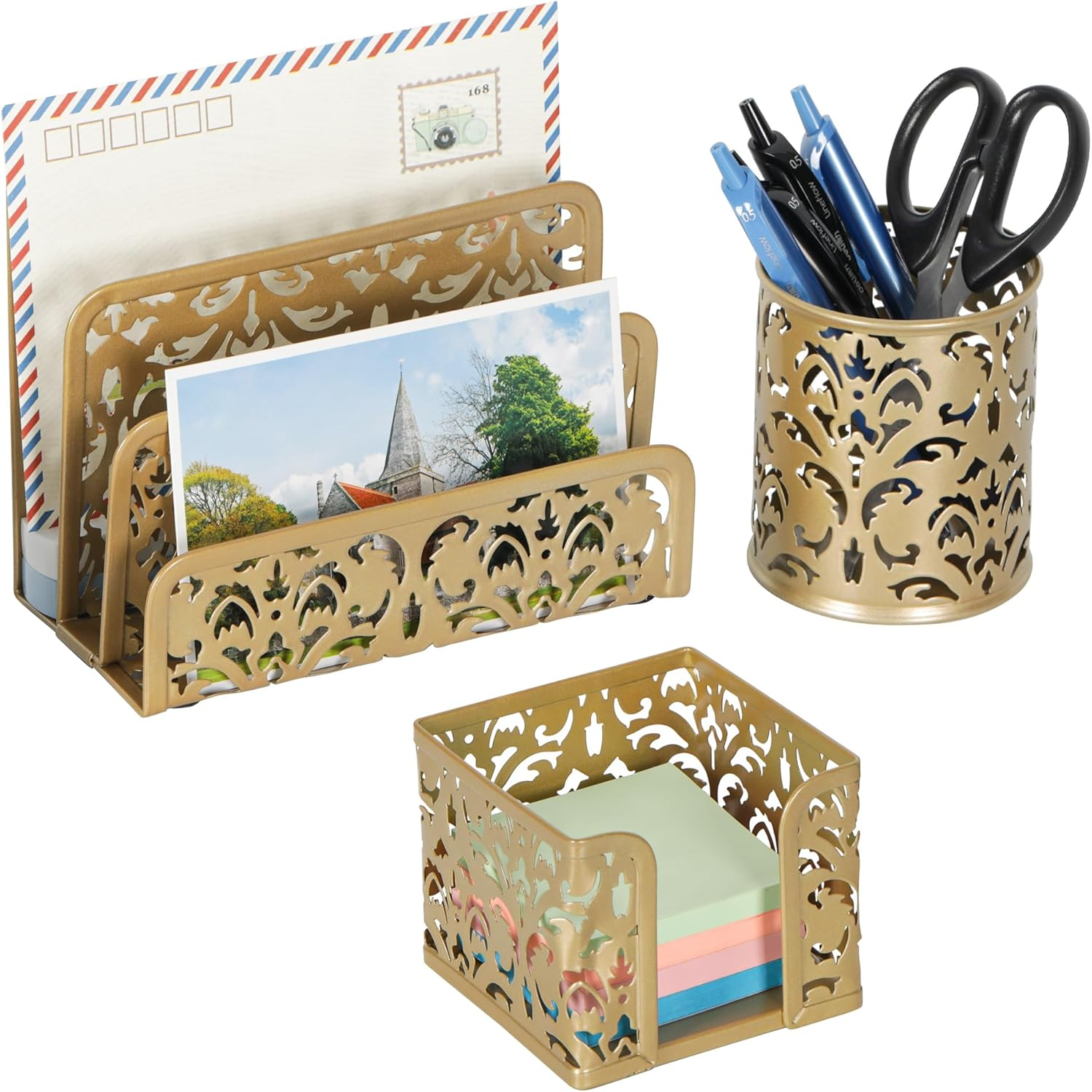 Easypag Desk Organizers and Accessories 3 Pieces Office Organizer Set - Pen Holder for Desk, Mail Sorter Countertop and Sticky Note Holder, Black