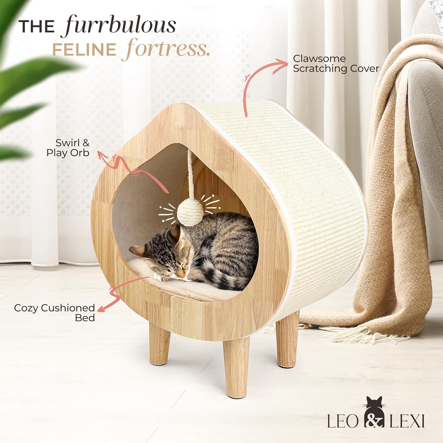 Unique Modern Cat Bed for Indoor Cats, House with Scratching Wall, Cozy Cave for Hideout, Cute Kitty Condo for Sleeping, Luxury Cat Beds & Furniture image number 5