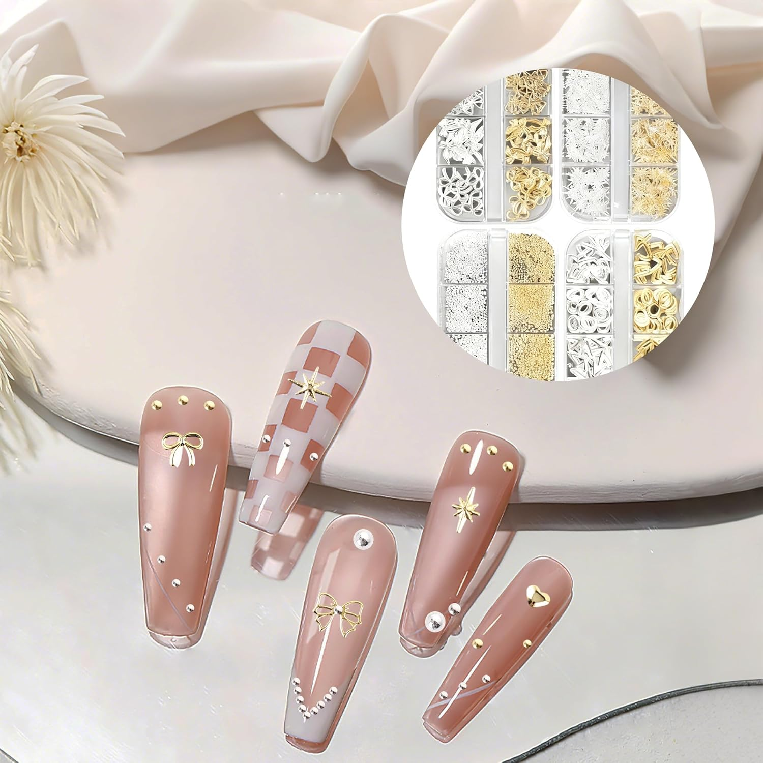 VVQWCY 4 Boxes of Nail Charms, 48 Types Charms Nails, Gold Silver Star Bows Letter Flowers Hearts Dots Nail Decoration image number 6