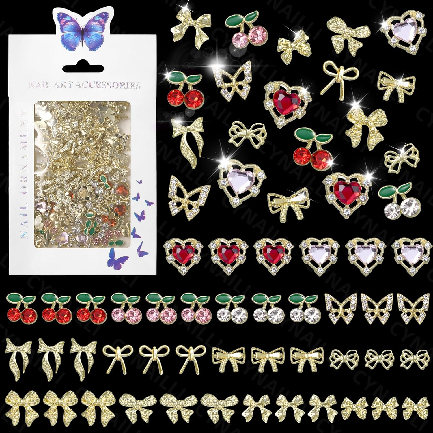110 Pcs Gold Nail Charms and Gems Y2K, 3D Butterfly Heart Nail Gems, Planet Crown Nail Art Jewels, Cross Bows Charms for Alloy Nails Art Design DIY Accessories