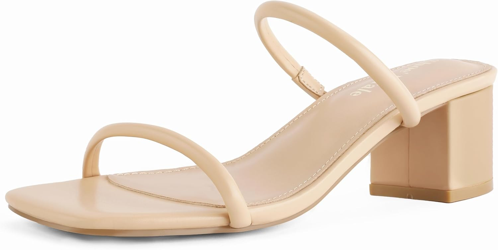 Shoe'N Tale Strappy Heels for Women Square Open Toe Two Strap Low Block Heel Slip on Dressy Sandals Shoes