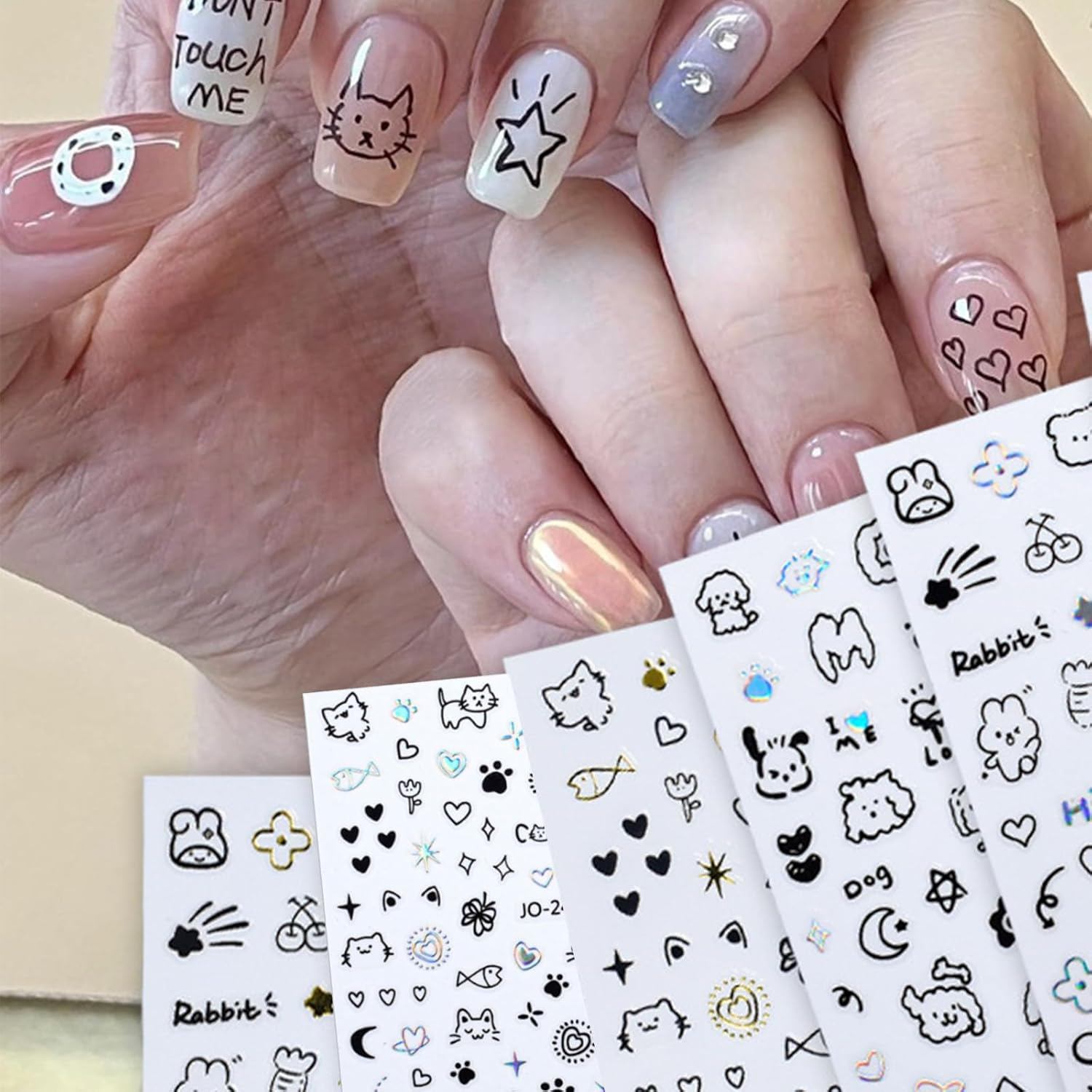 5 Sheets Animal Nail Art Stickers,Cute DIY Nail Art Decoration Set,Purr-Fectly Adorable Stickers Decals,False Nail Manicure Decals,Kawaii Phone Case/Water Cup Stickers for Women