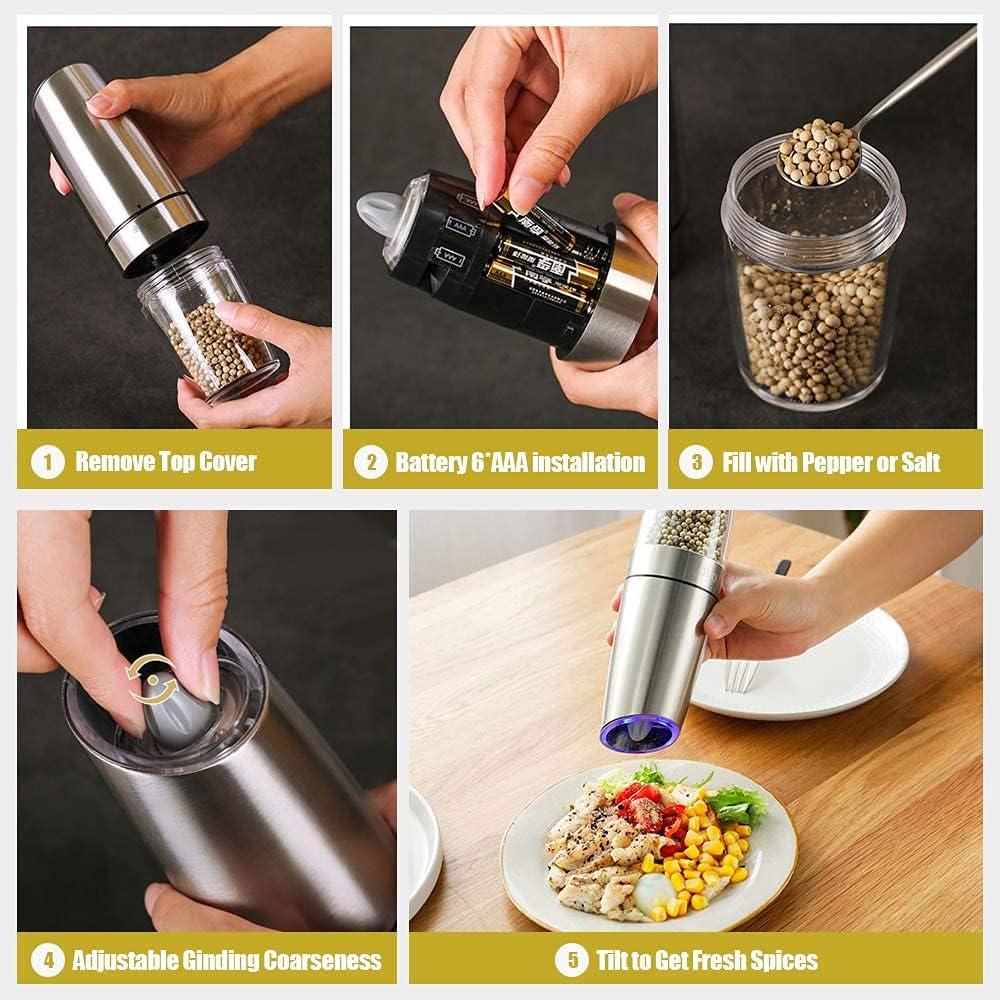 AVNICUD Electric Salt and Pepper Grinder, Automatic Pepper Mill, Gravity Salt Grinder, Battery-Operated with Adjustable Coarseness, LED Light, One Hand Operated (Silver 2Pack) image number 2