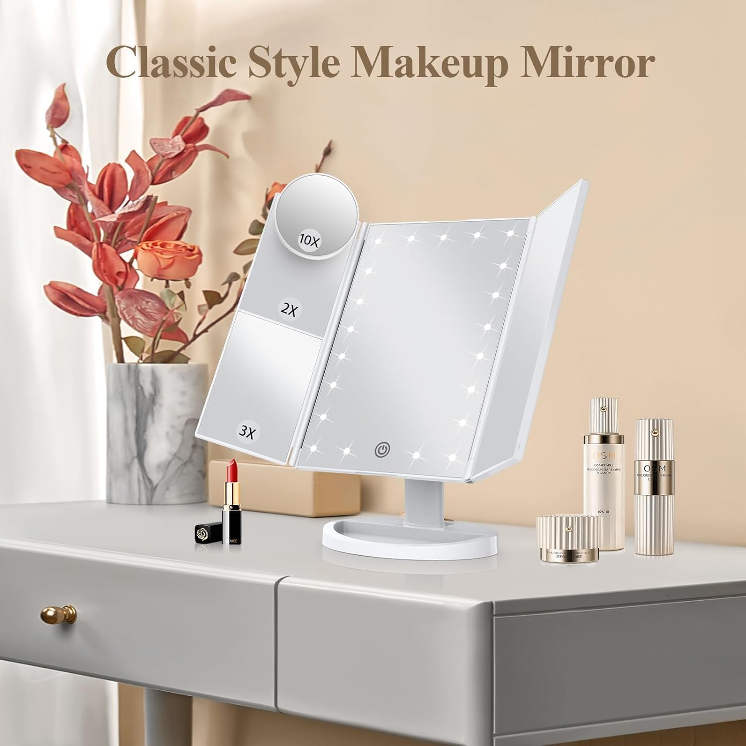Vanity Mirror with Lights - 2X, 3X, 10X Magnification, Touch Control, Trifold, Dual Power, Portable LED - Women'S Gift (White) image number 3