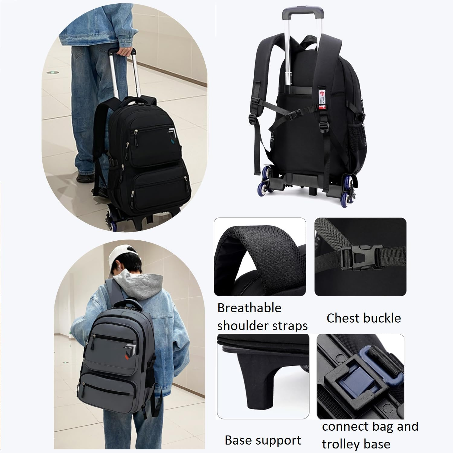 ETAISHOW Rolling Backpack for Boys Trolley Bookbag with Wheels for Adults Wheeled Luggage Laptop Backpack for Men - D 6 Wheels-Blue image number 3