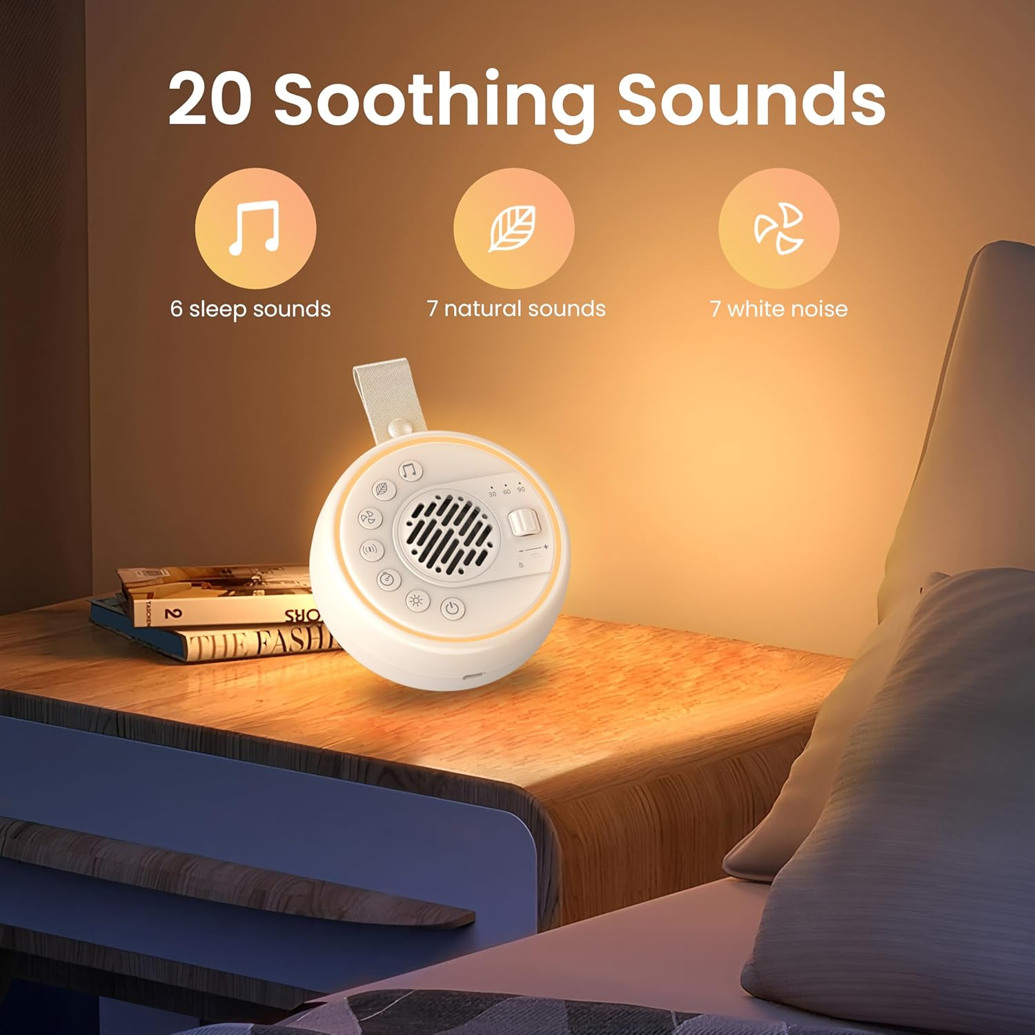 White Noise Machine with Bluetooth Speaker &ndash; 20 Soothing Sounds, Sleep Timer, Adjustable Volume & Night Light &ndash; Sound Machine for Baby, Kids, Adults, Travel & Office
