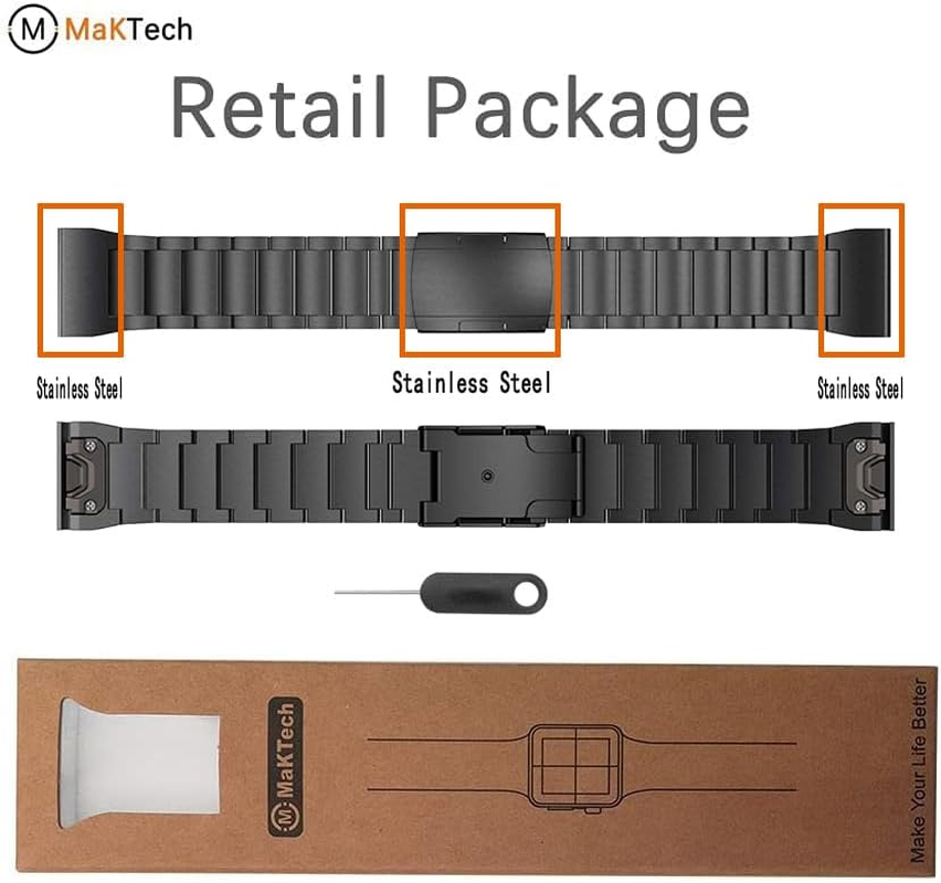 Maktech Titanium Band for Garmin,22Mm Three-Piece Metal Bracelet Strap with Quick Release Connector,Tortoise Buckle,For Garmin Fenix 8 47Mm/7/7 Pro/6/6 Pro/5/5 plus Smartwatch (Black) image number 5