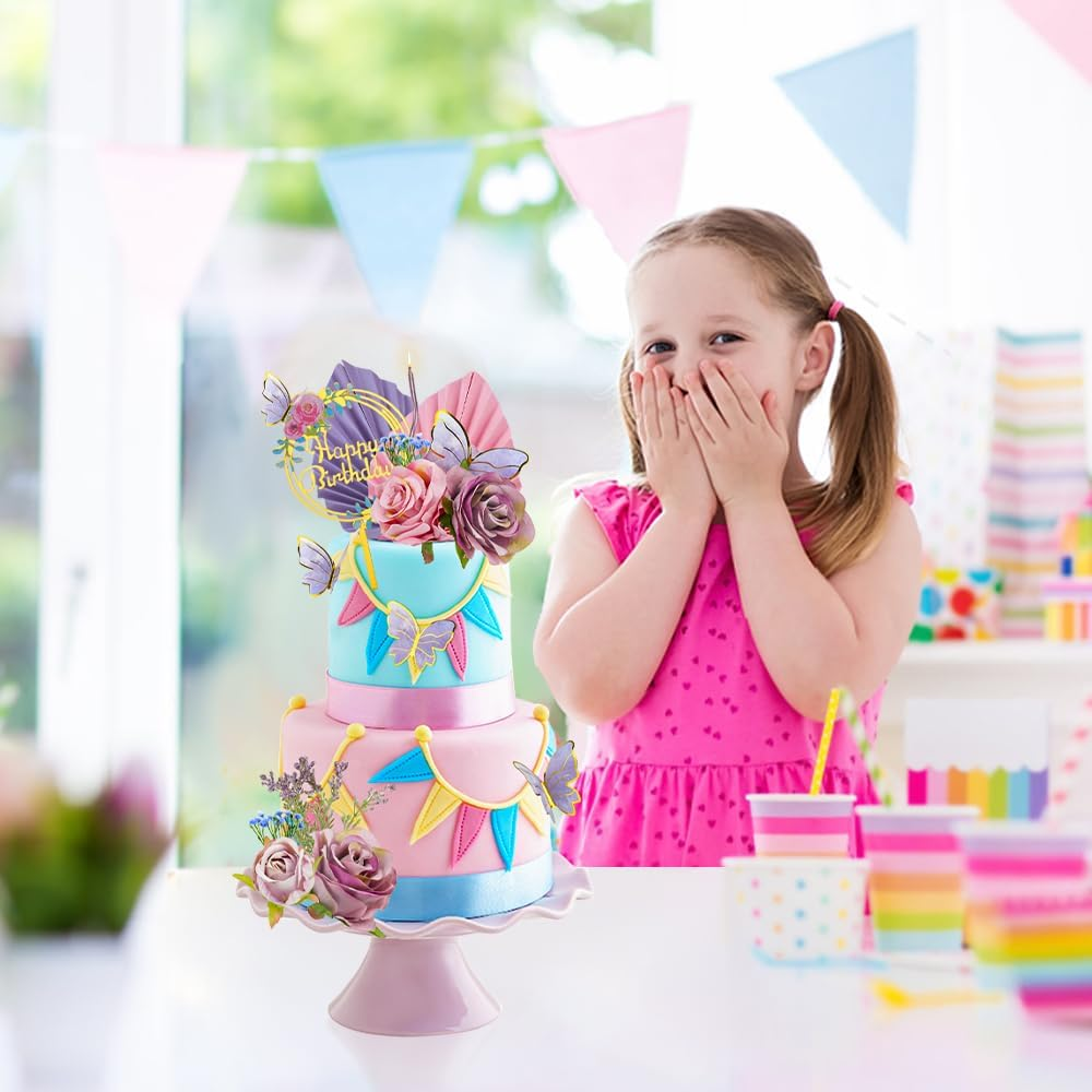 28 PCS Boho Cake Toppers Cake Decoration with Pink Purple Flowers Butterflies Palm Leaves Candles for Birthday Themed Baby Shower Party Wedding Supplies (Pink Purple) image number 4