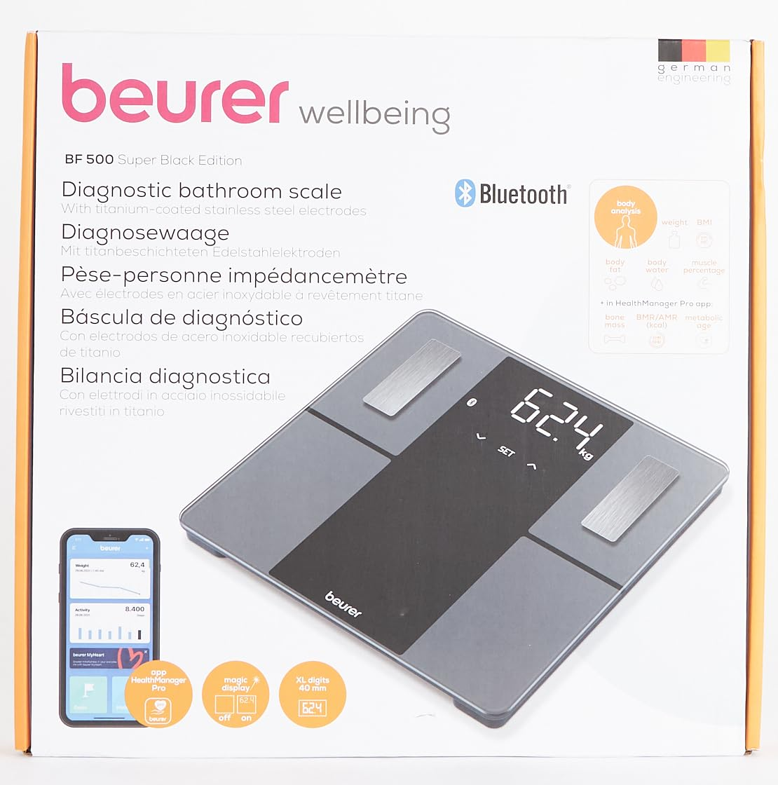 Beurer BF 500 Diagnostic Scales with Bluetooth, Digital Body Scales with App, Determination and Analysis of Body Values, Measures Body Fat and Muscle Scale, Extra Large Display image number 1
