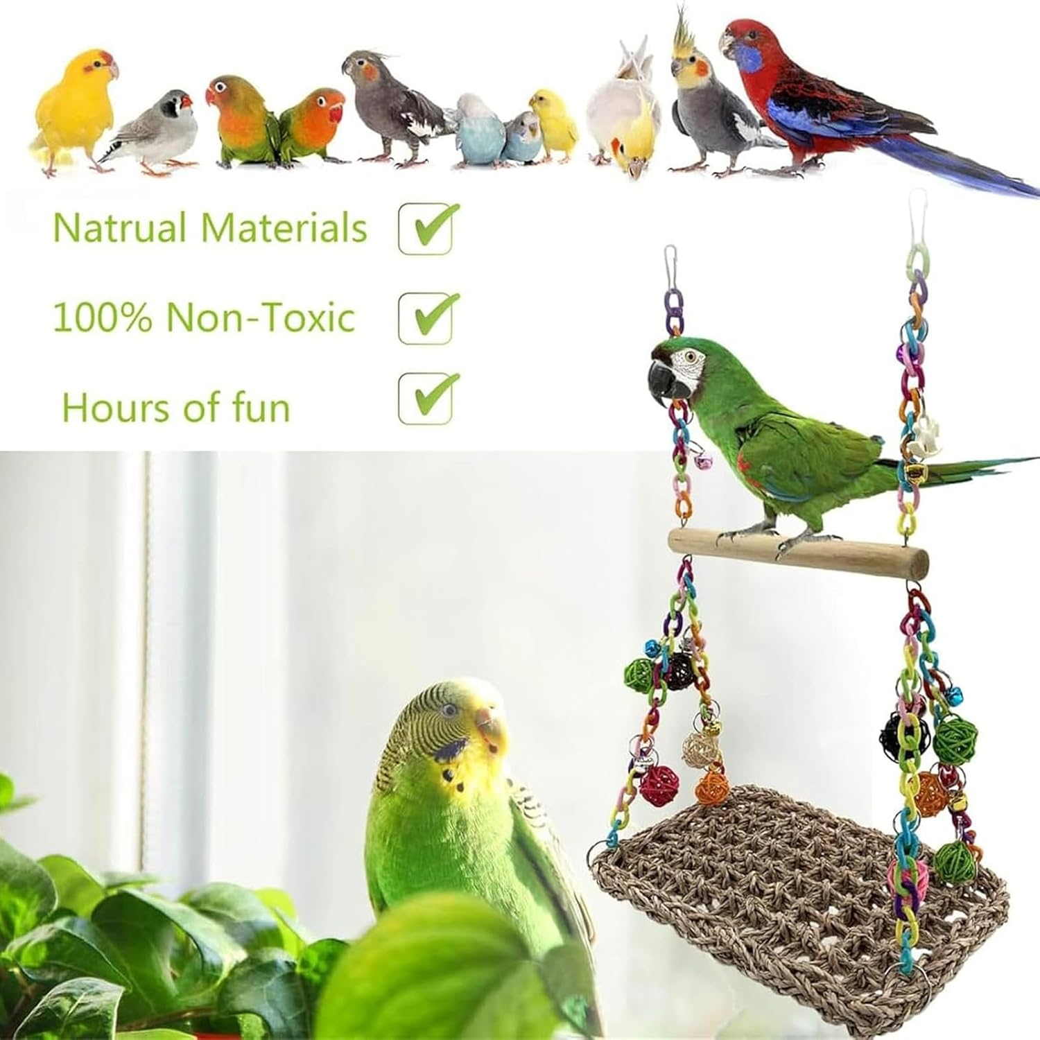AIMALL Bird Toy Parrot Hammock Swing with Rattan Ball and Color Chain, Double Layer Water Grass Swing, 11.81X7.87 Inches