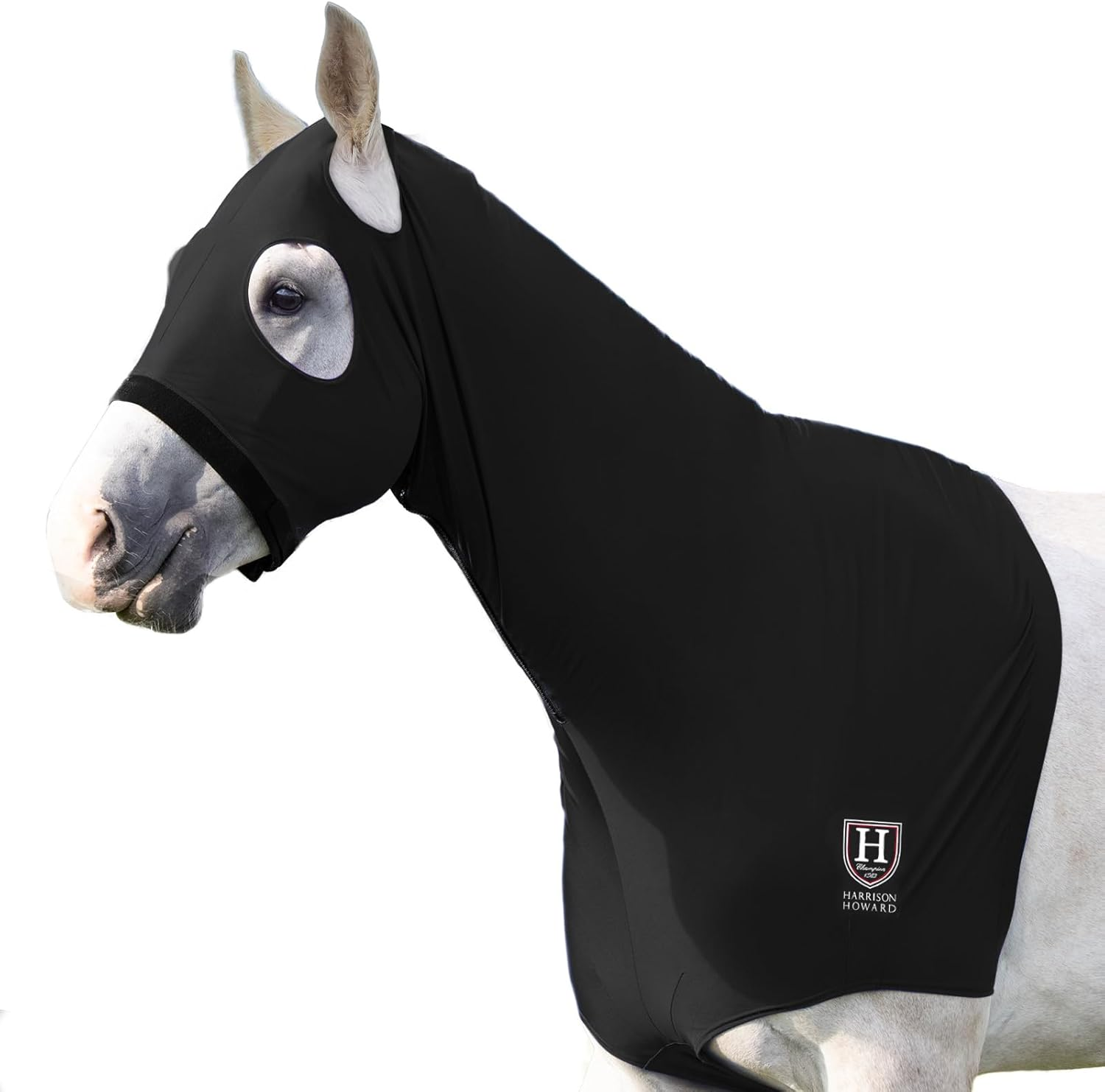 Harrison Howard Horse Stretch Hood without Ears Snug Fitting Hood with Zip Closure Covers Face, Shoulders, Mane, Chest and Withers Perfect for Show/Event Preparation - Blue