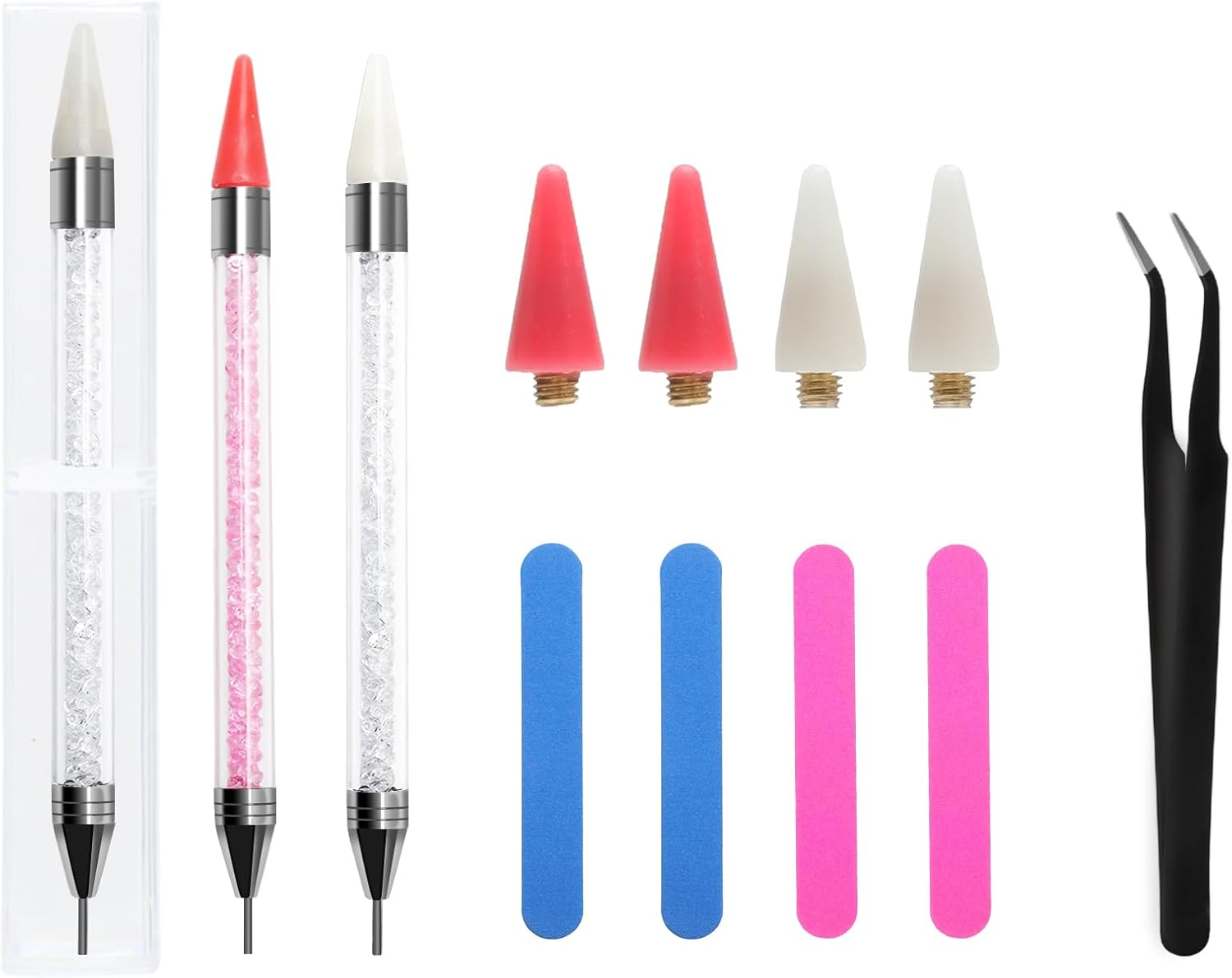 TNSLAND 2 X Acrylic Rhinestone Picker Dotting Pen Dual Ended Gemstones with 4 Wax Heads, Nail File and 1 Tweezers, Nail Rhinestones Picker Dual-Ended Wax Pen for Nail Art & DIY Jewellery image number 6