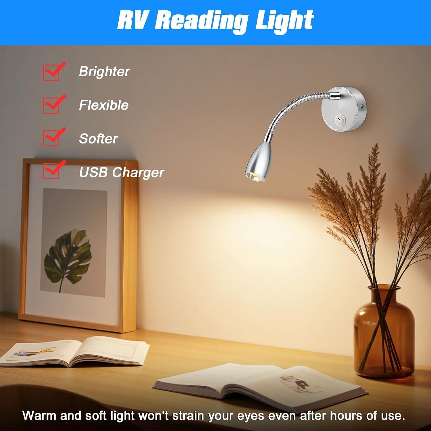 ERWEY 2 LED Reading Lamps, 12 V Motorhome, 3 W, 3000 K Wall Light, Bed Lamp with Flexible Gooseneck and USB Charging Port, DC12-24 V Spot for Boat, Yacht, Car, Van, Caravan, Interior Lighting, Silver image number 3