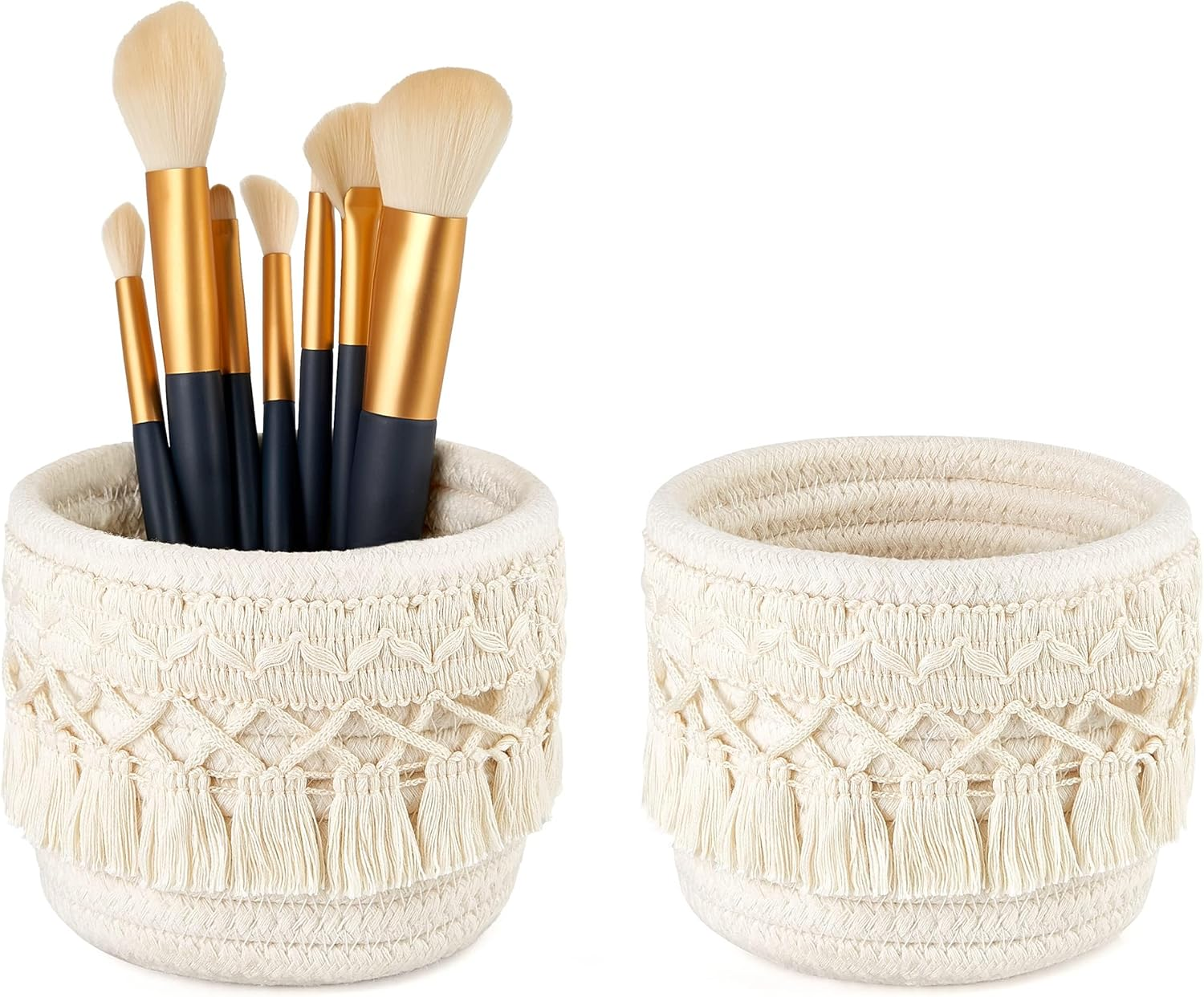 PAOFUFUI 2 Pcs Macrame Makeup Brush Holder Organizer Comb Brushes Mini Storage Basket, Boho Decor Baskets for Pen Pencil Box Container (2 Beige) image number 2