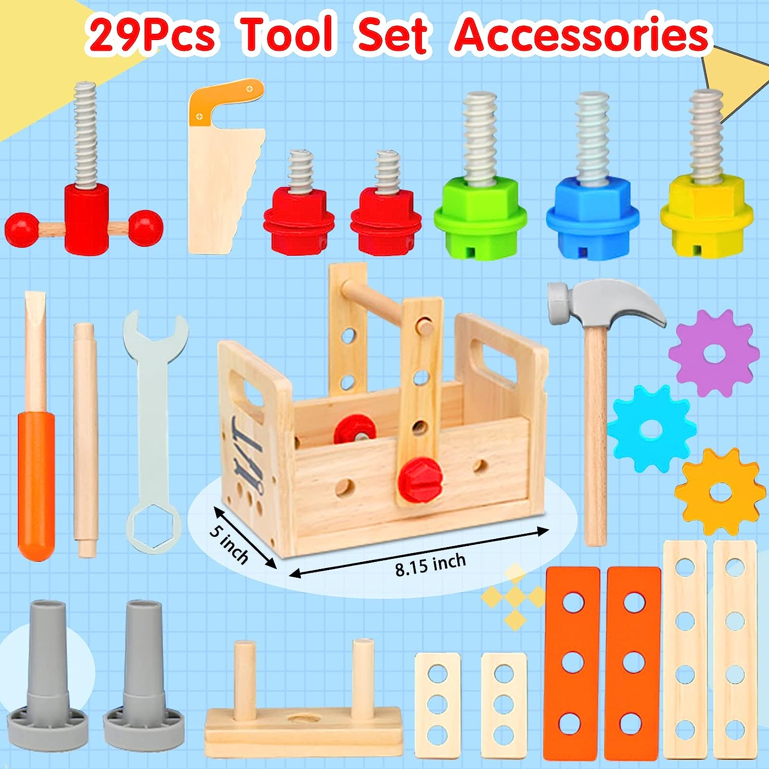 Wooden Tool Set for Kids 3 4 5 Year Old, 29 Pcs Educational STEM Toys Suit, Pretend Play Construction Toy Montessori Toys for 3 Year Old, Gift for Toddlers Boys Ages 3 4 5 6 7 Years Old image number 1