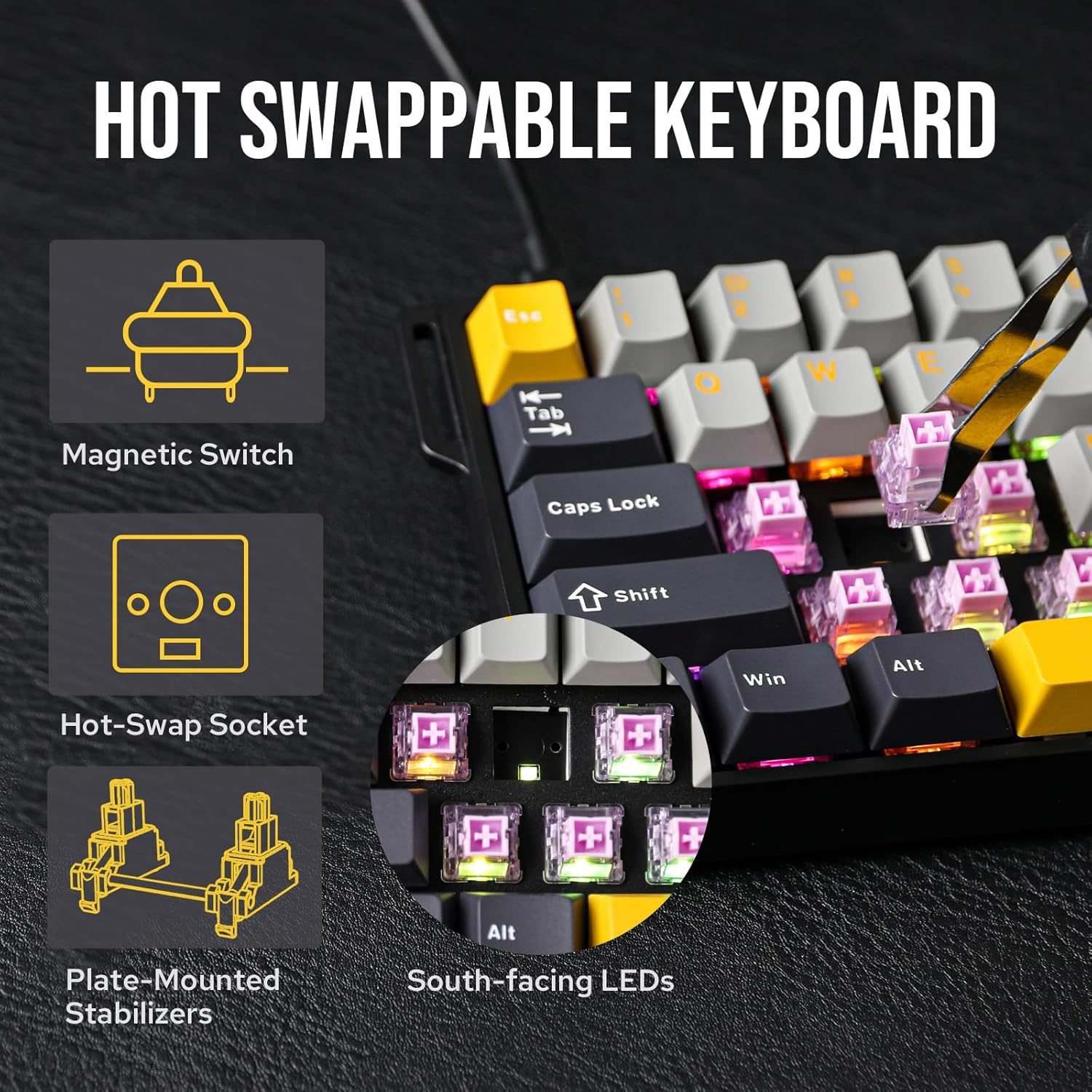 EPOMAKER Aula WIN60 HE 60% Wired Magnetic Keyboard with Adjustable Actuation, 8000 Hz Polling Rate, Hall Effect Switches, Hot-Swap, for FPS Games (Grey&Yellow) image number 3