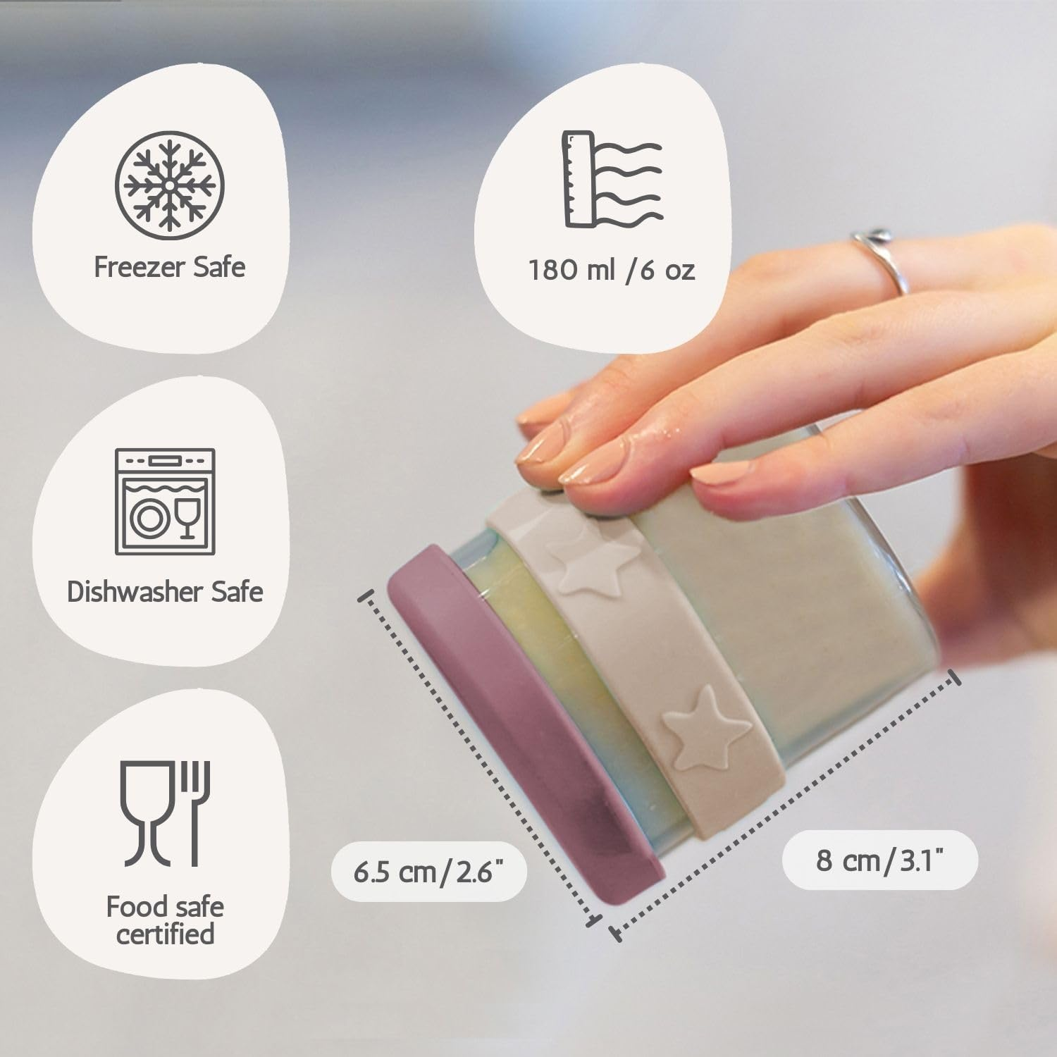 Cherub Baby Durable Non-Toxic BPA Free, Leak-Proof, Microwave, Oven, Freezer Safe Silicone & Glass Baby Food Storage Container Jar with Airtight Lid Pack of 2 180Ml - Dusty Rose/Sand - Cerulean  Sage image number 4