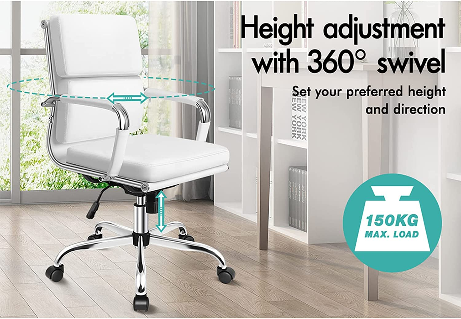 ALFORDSON Office Chair with Height Adjustable SGS Listed Gas Lift, PU Leather Home Ergonomic Desk Chair with Removable Armrest Cover, Padded Computer Chair for Gaming, Max 150Kg(Mid Back Esmae White) image number 3