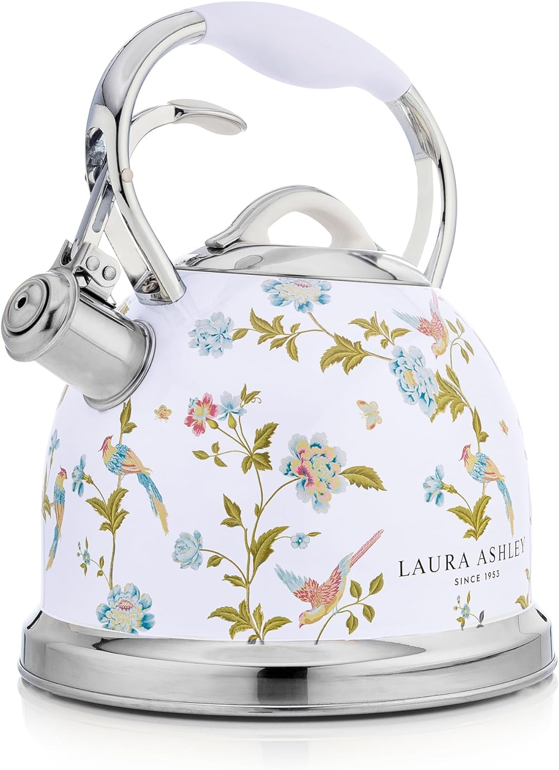 VQ Laura Ashley Elveden Navy 2.5L Stovetop Kettle. Stainless Steel Whistling Stove Top Kettle. Tea Kettle for Gas, Induction Hob & Others. Silicon Coated Cool Handle, Push Button Mechanism Teapot