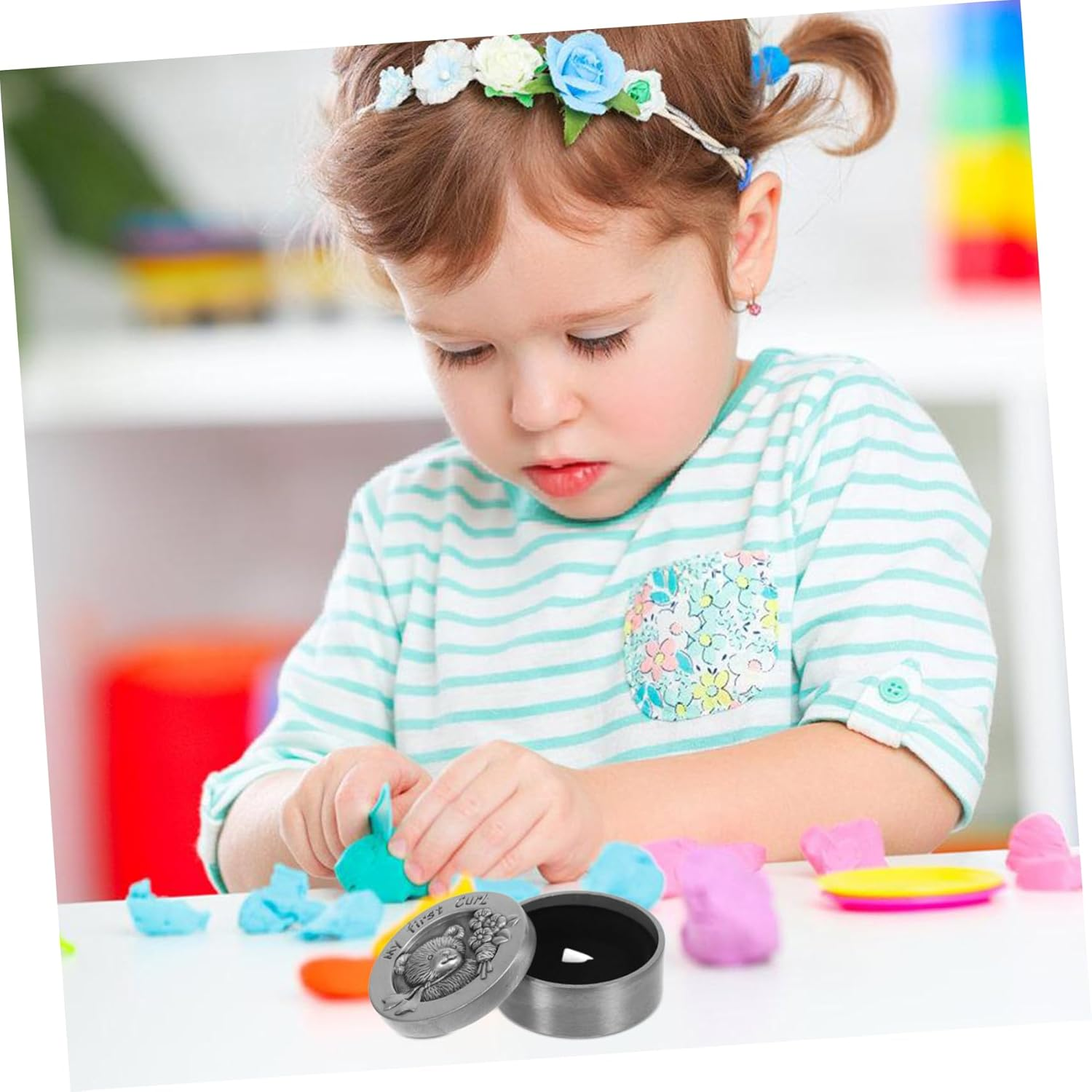 Metal Baby Fetal Hair Box My First Curl Box Infant Keepsake Storage Case Bear Design Antique Pewter for Newborn Memory image number 5