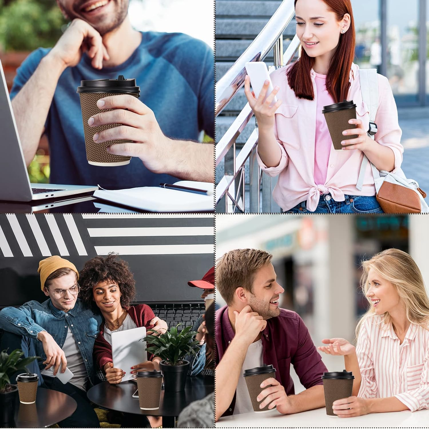 MOTYYA 12 Oz Paper Coffee Cups with Lid and Straws, Disposable Leakfree Anti-Slip Anti-Spill Insulated Triple Wall Togo Takeaway Paper Cups for Hot Cold Drink Chocolate Juice Tea [Black Lid, 50 Packs] image number 5