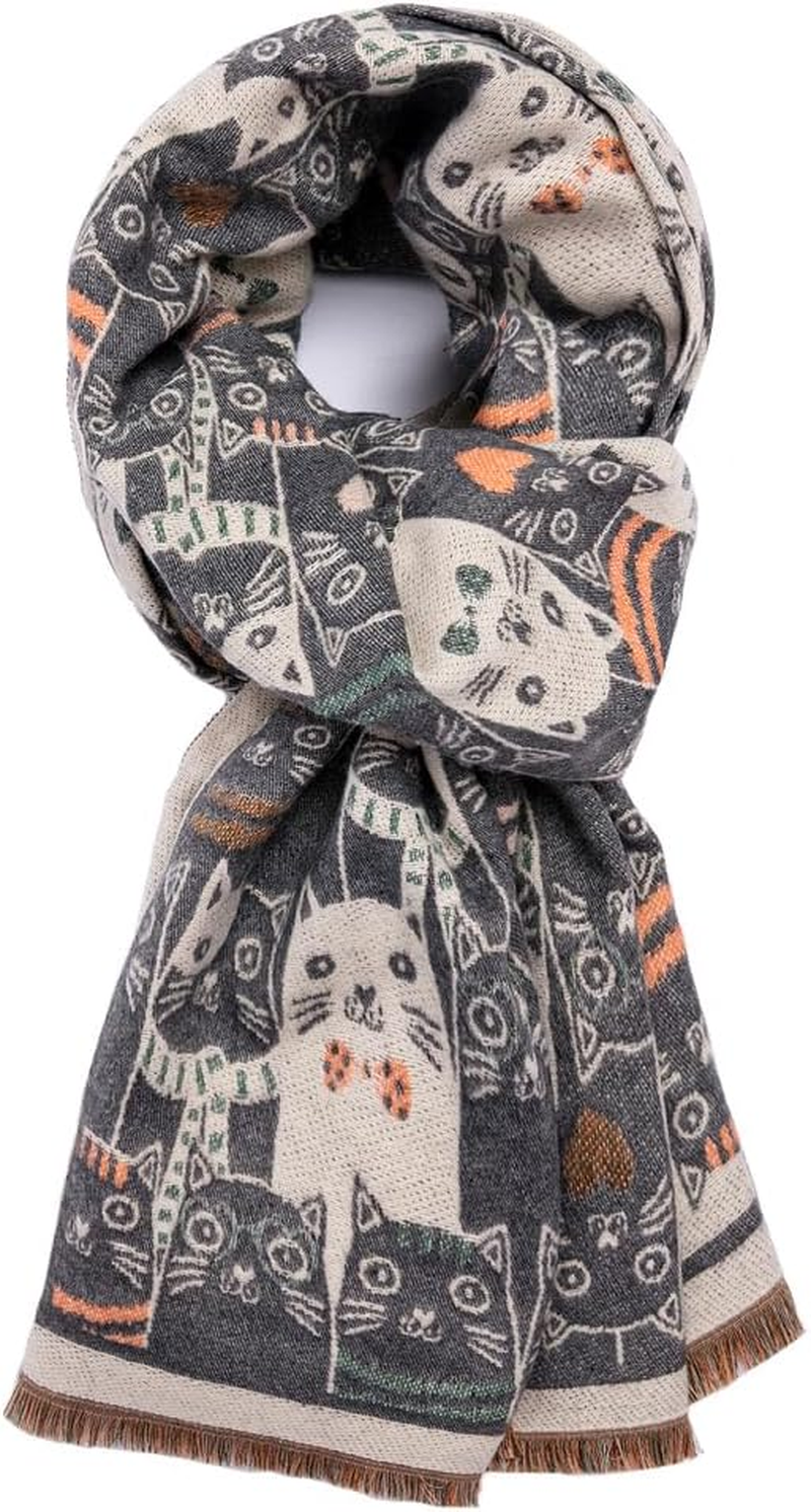 Women'S Fringed Scarf Cat Print Pattern Cape Winter Cashmere Feel Shawl Warm Wrap