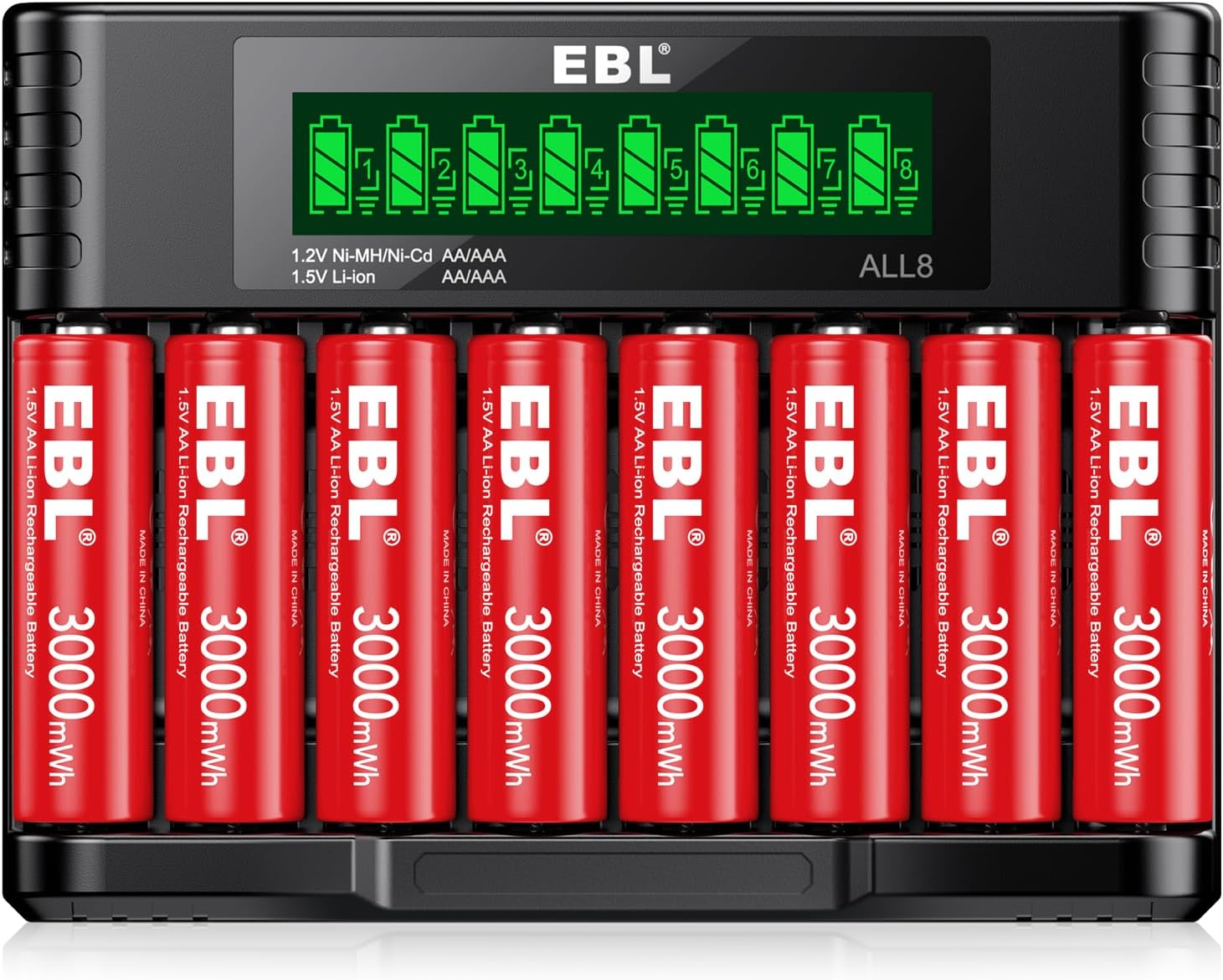 EBL 8 Pack Rechargeable 1.5V AA Li-Ion Batteries with 8 Slots LED Smart Lithium Rechargeable Battery Charger (Old Version) image number 6