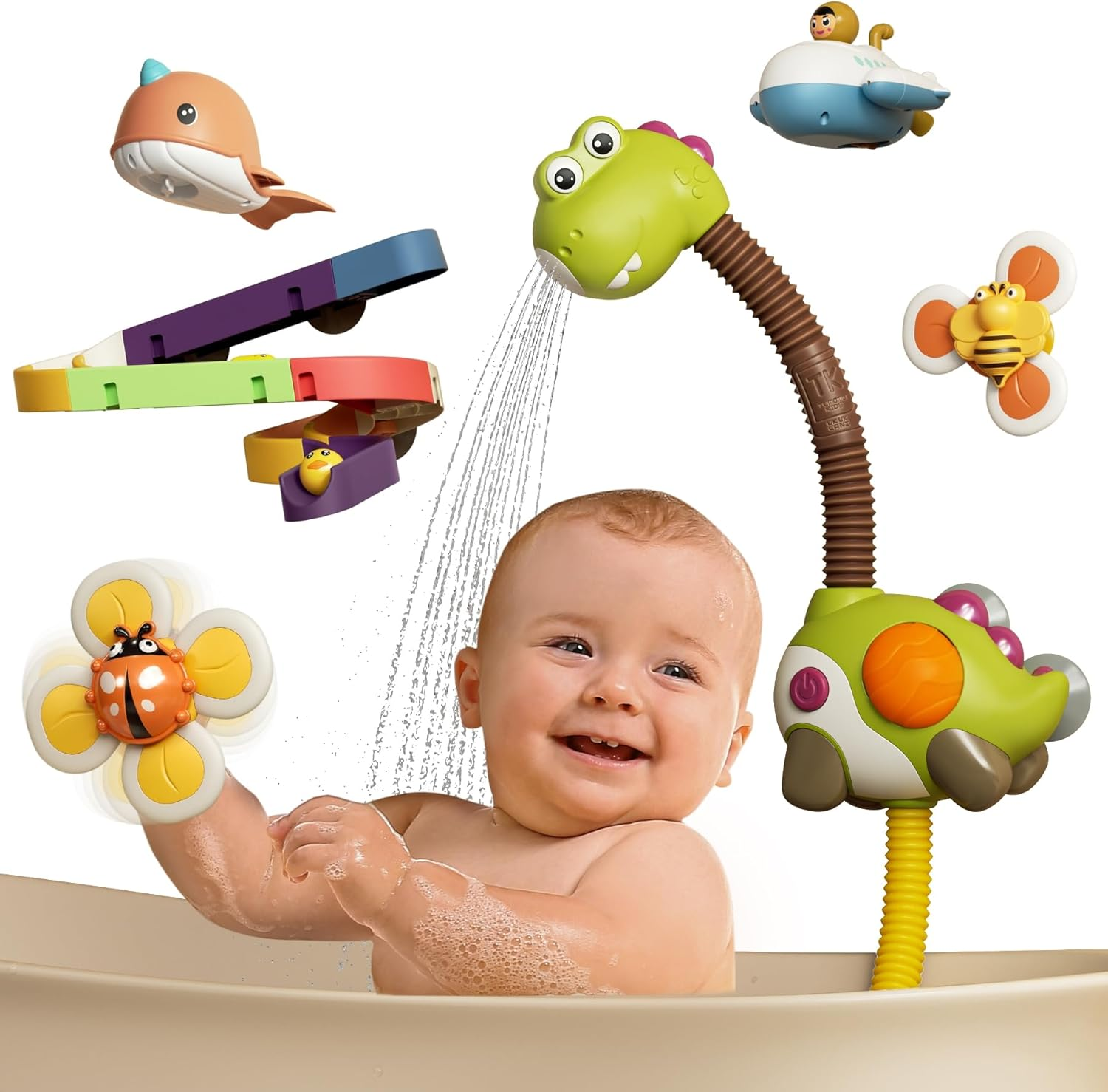 TUMAMA Bath Toy Set Bathtub Toy with Showerhead ,Water Slide, 2 Wind up Toys 2 Suction Spinner Toys Storage Bag, Dinosaur Water Spray Squirt Shower Duck Toys for Toddles and Babies 0-5 Year image number 3