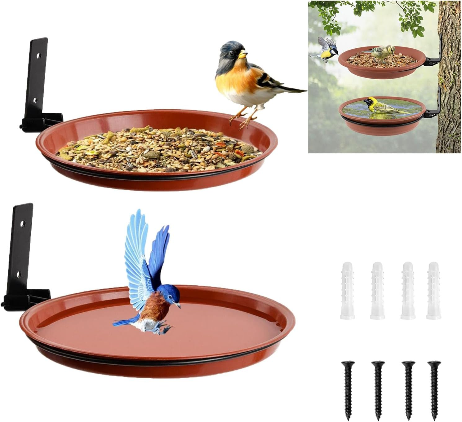2Pcs Fence Bird Feeders Tray, Tree Mounted Wild Bird Bath for Outdoors Place Food Water, Installed on Wooden Fence Wall Tree Deck Stakes with Heavy Duty Iron Ring image number 3