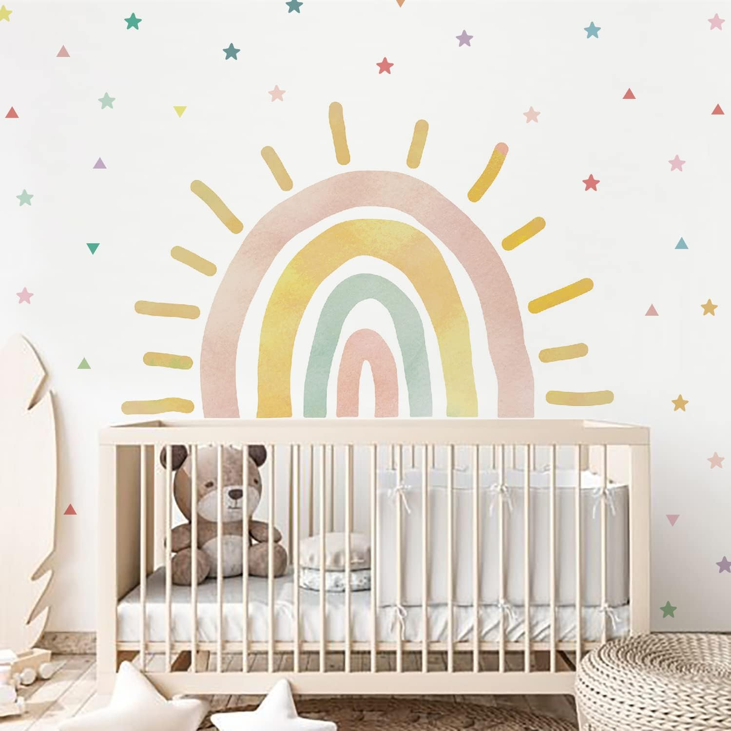 Large Fabric Watercolor Boho Half Sun Wall Decals Peel and Stick, Pastel Sunrise Wall Murals Stickers, Sunshine Wall Arch Art Decor for Kids Room Playroom Nursery Bedroom, 45.28" X 35.43"