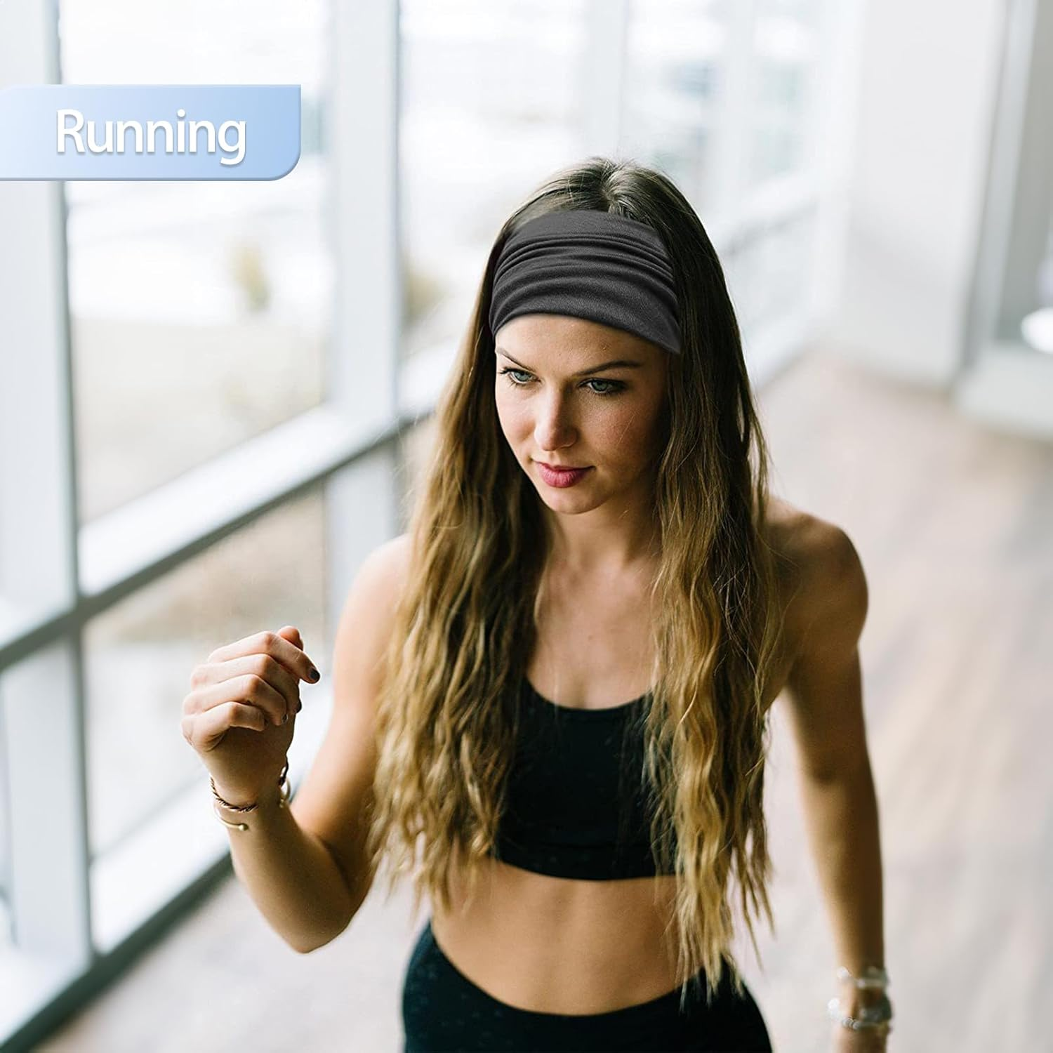 Wide Headband for Women and Men - Black, Stretchy, Non-Slip Workout Sweatband for Yoga, Fitness, Tennis, Runners - Soft Breathable Stylish Accessories for Girls image number 5