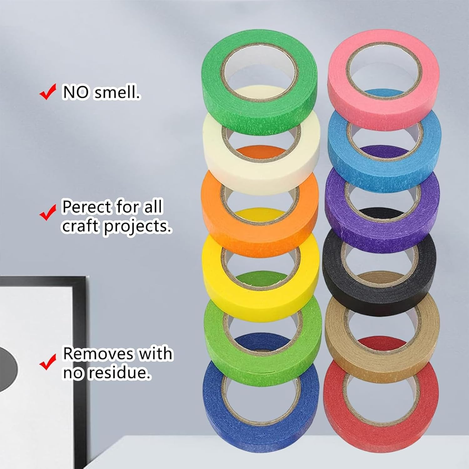 Colored Masking Tape,Rainbow Colors Painters Tape,Labeling Tape,12 Pack Colored Tape Writable Easy Tear Masking Tape Set for DIY Crafts,Artistic Writing,Spray Painting,Masking Decoration (15Mmx12M)