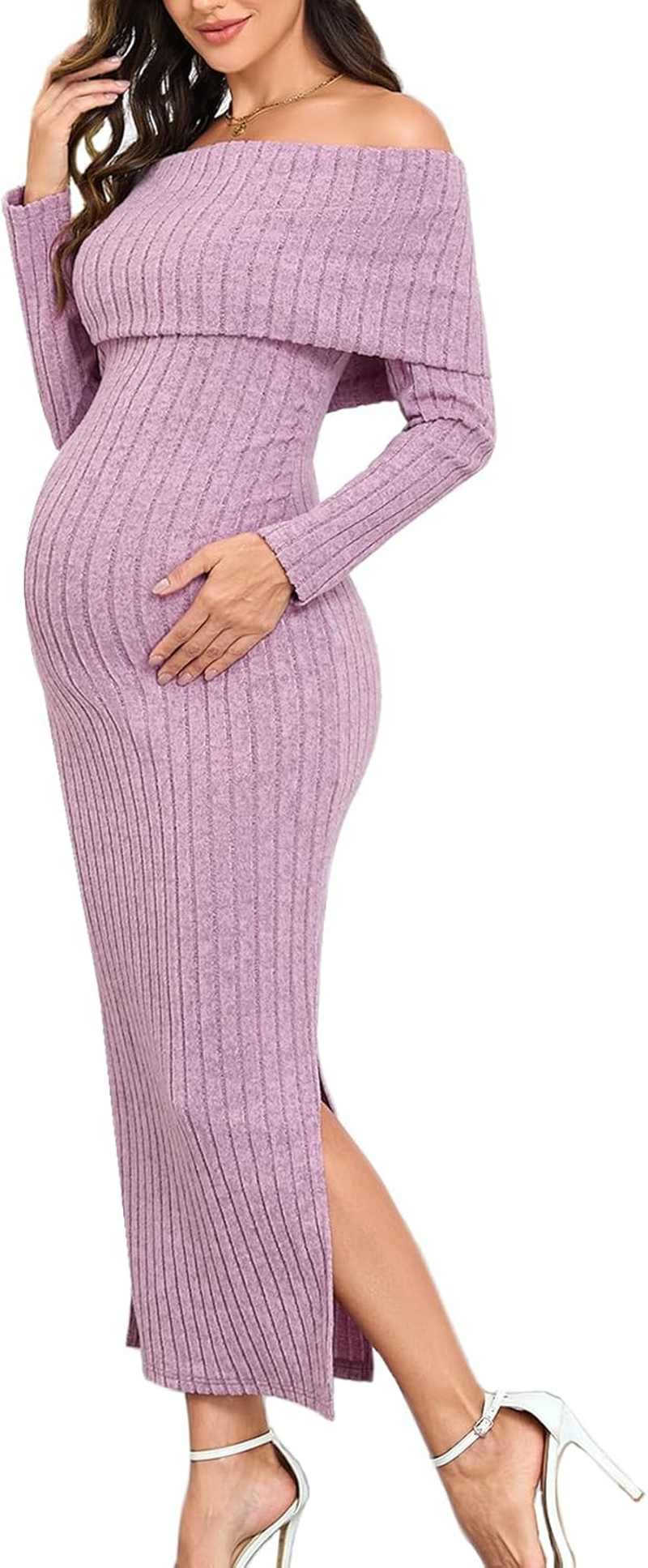 Maternity Sweater Dress off the Shoulder Rib Knit Long Sleeve Dresses with Side Slit for Pregnancy Baby Shower image number 5