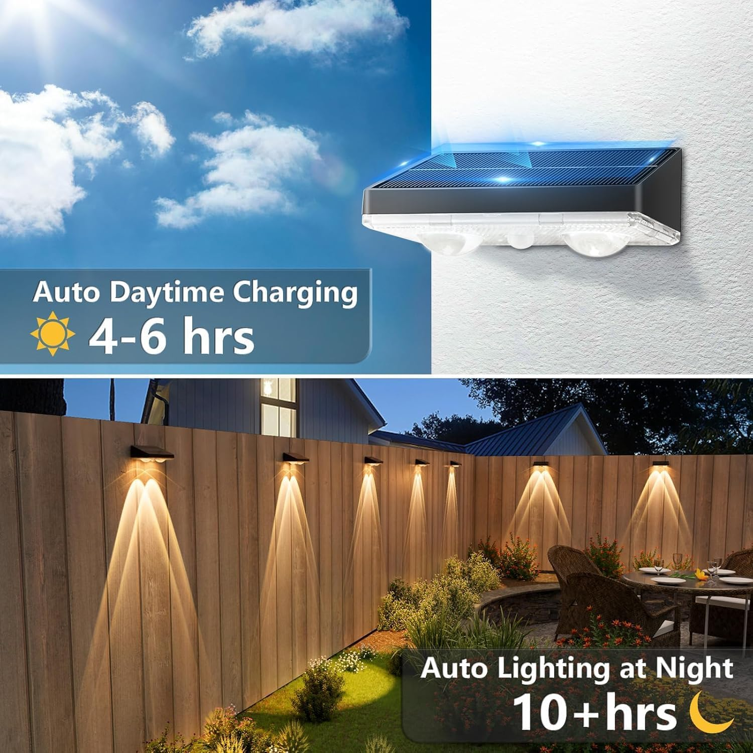 Outdoor Solar Wall Lights, 8 Pack Solar Fence Lights Warm White & 11 RGB Modes Waterproof Wireless Stick on Wall Lamps for outside Garden Backyard Deck Stair Yard Railing Patio D&eacute;cor(Black) image number 1