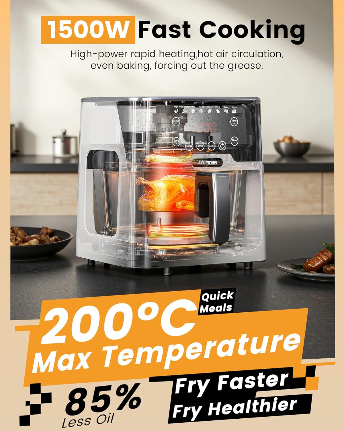 Air Fryer Glass - 5.2L Digital Airfryer Oven with Detachable Glass Pot, Multifunctional Oiless Cooker with LED Touch Screen, Adjustable Temperature 80-200℃, Healthy Less Fat & Easy to Clean image number 2