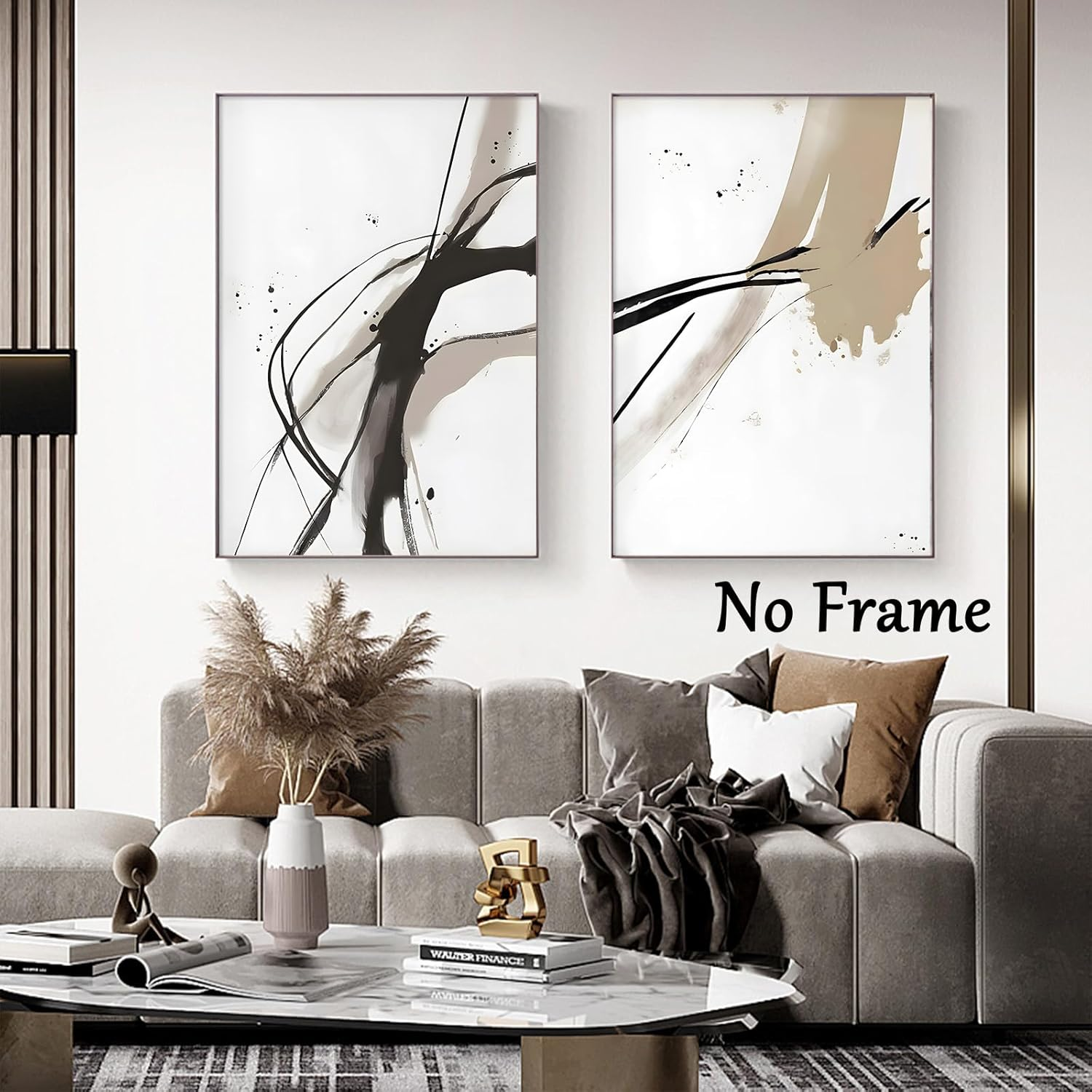 Black and Beige Abstract Canvas Wall Art - Neutral Abstract Prints - Minimalist Painting - Line Art Posters - Brown Black and Beige Picture - Neutral Artwork for Walls - 16X24Inchx3 No Frame image number 2