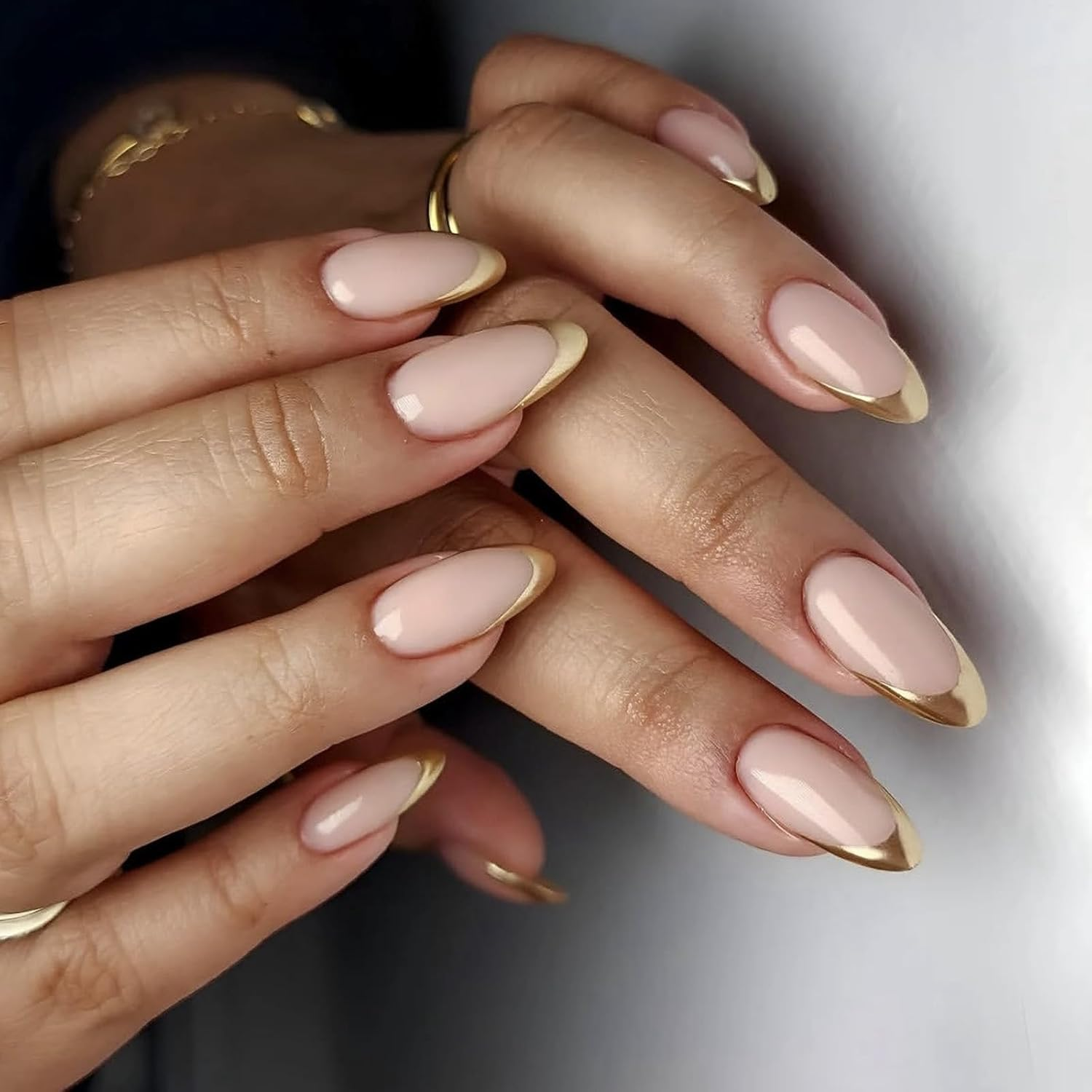 24 PCS Gold French Tip Press Nail Almond Shape Fake Nails Reusable Acrylic Nail Glossy Full Cover Stick image number 2