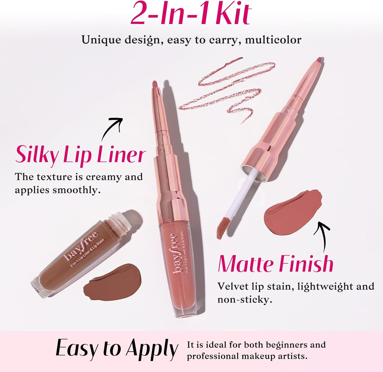 Bayfree 2 PCS Lip Liner and Lip Stain Combo Set, High Pigmented Long Lasting Velvet Lip Tint, Well-Defined Lipliner, Weightless Waterproof Not Animal Tested, Matte Finish Makeup