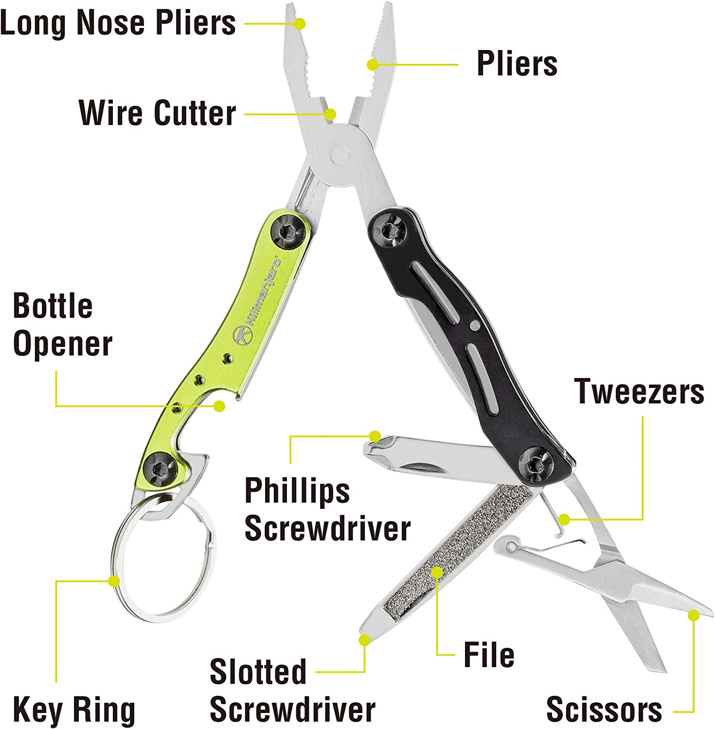 Kilimanjaro 910055 Ascend 9 in 1 Multi-Tool -With TSA Compliant, Long Nose Pliers, Wire Stripper, Bottle Opener, Scissors, Phillips and Slotted Screwdriver, Single Cut File, Tweezers, Key Chain image number 2