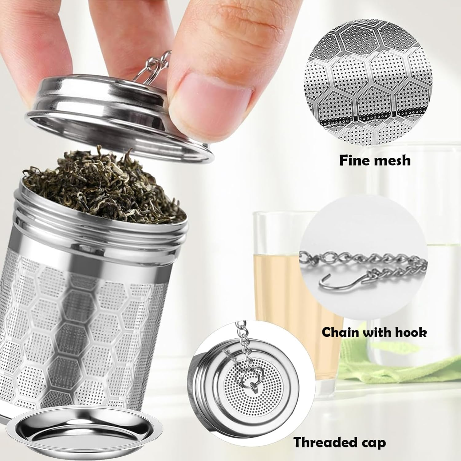 2 Pcs Stainless Steel Tea Filter,Loose Leaf Tea Infuser with Extended Chain Hook and Drip, Ultra Fine Honeycomb Design Mesh Tea Filter for Brewing Tea,Spices and Seasonings image number 1