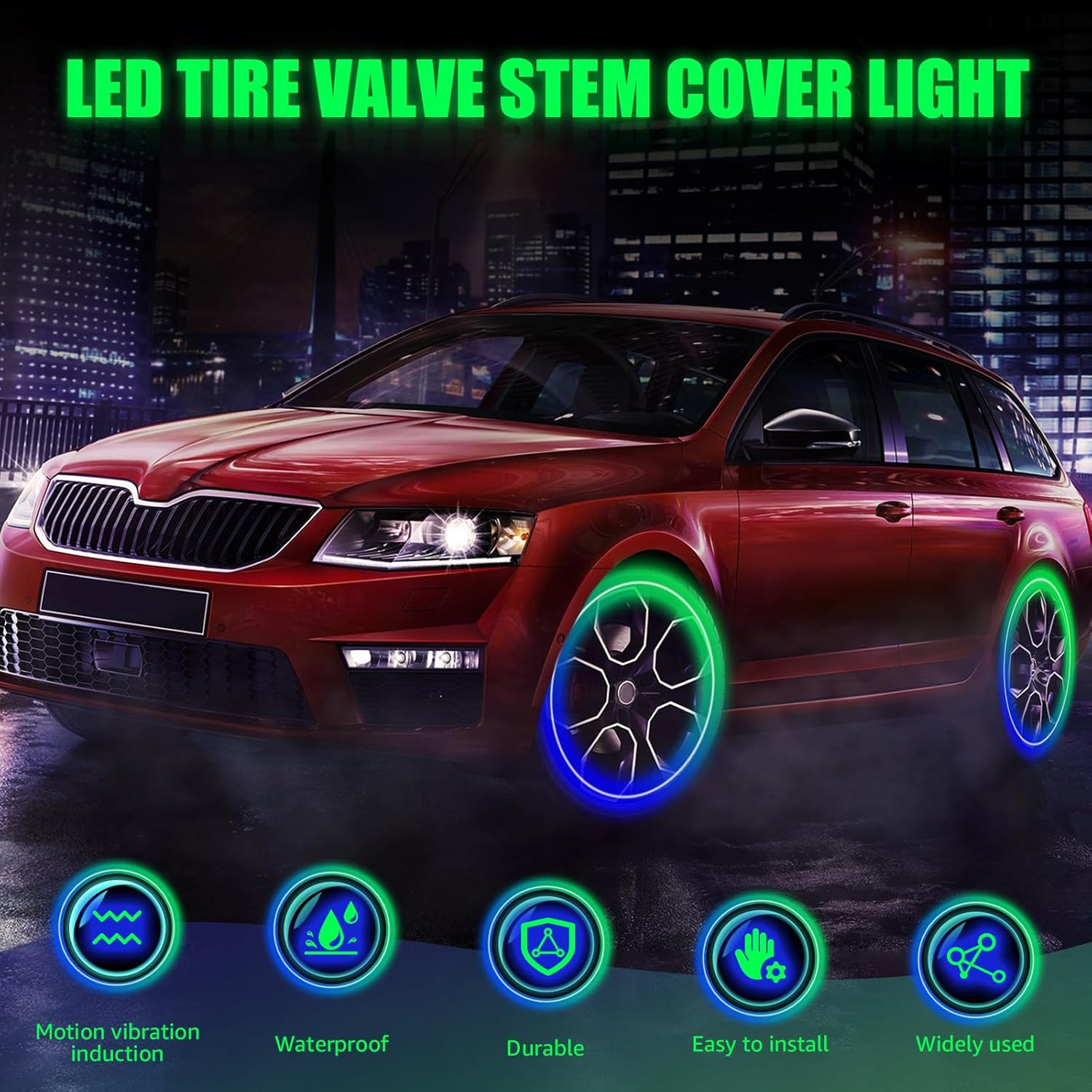 4Pcs Tire Valve Cap Lights, Glow in the Dark LED Tire Valve Lights with Motion Sensors Waterproof Colorful LED Car Wheel Lights USB Rechargeable Wheel Flashing Lamp for Car Truck Motorcycle image number 4