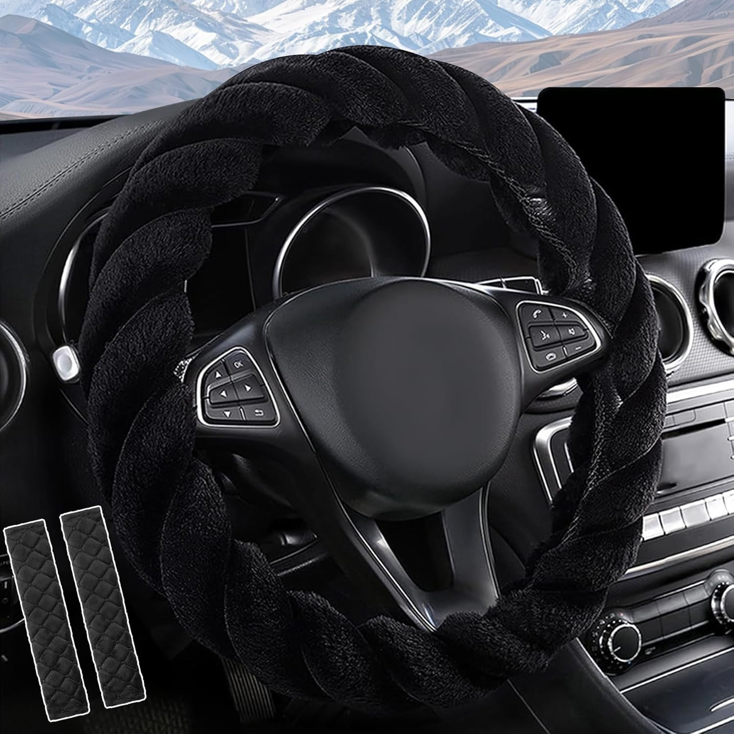 Fluffy Steering Wheel Cover for Women, Universal Fit 14-15 Inch, Anti-Slip Soft Plush Car Wheel Covers Protector, Full Surround, Winter Car Interior Accessories for Female Men (Black) image number 3