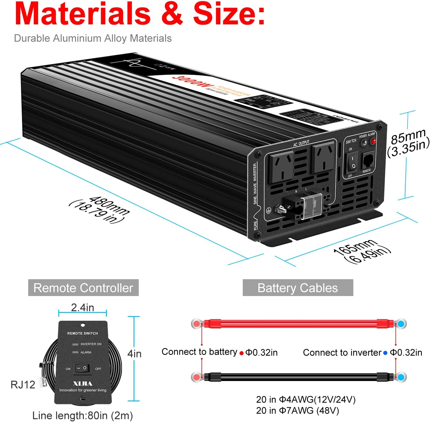 Xijia 3000W Solar Inverter 12V to 240V Pure Sine Wave for Camping Boat (DC12V (Range 10V-15V) 3000W) image number 2