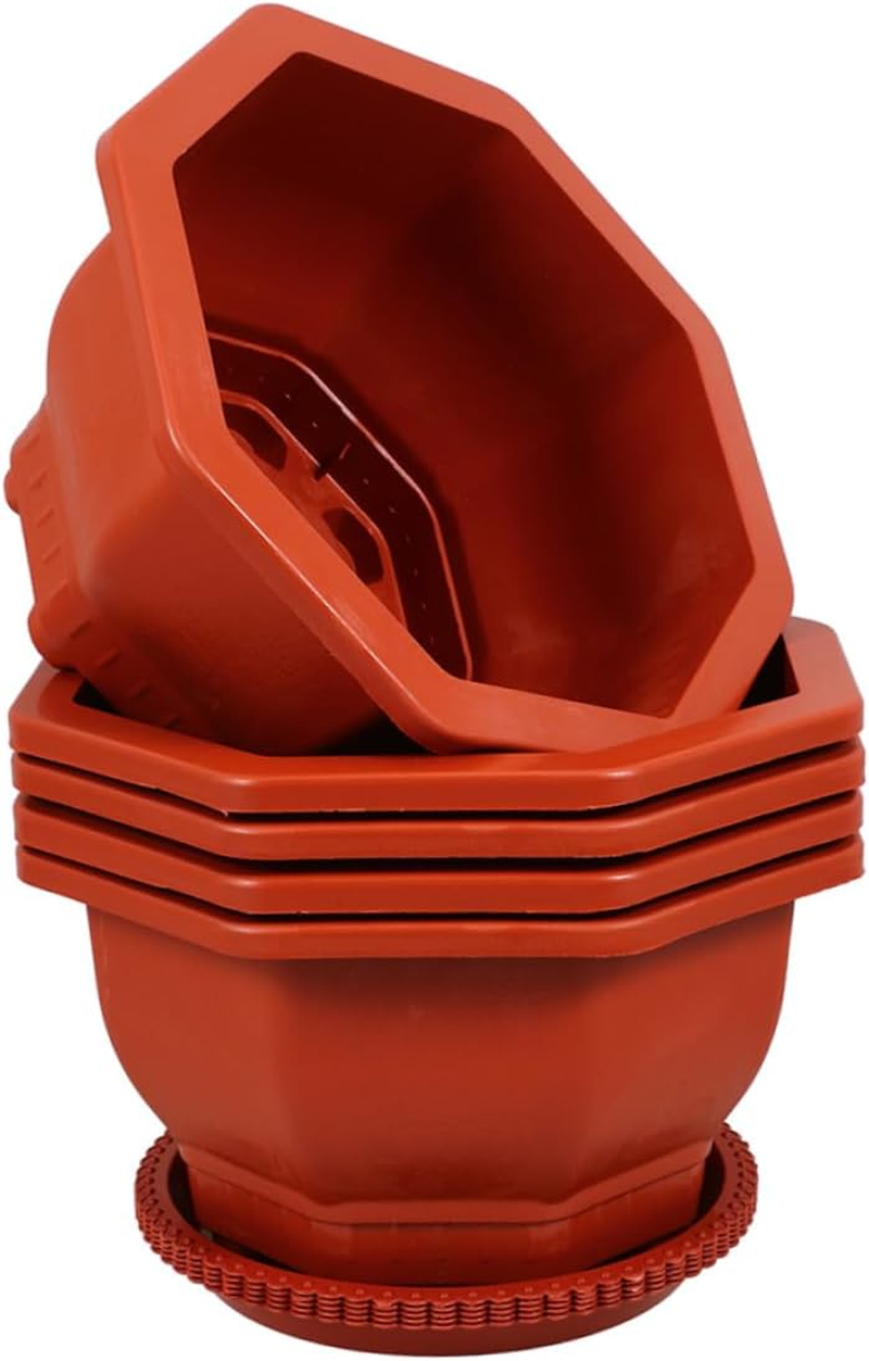 KONTONTY Octagonal Red Plant Pots 5Pcs with Saucers Thickened Plastic Indoor Plant Pots Outdoor Planters Small Indoor Planter for Home Gardening