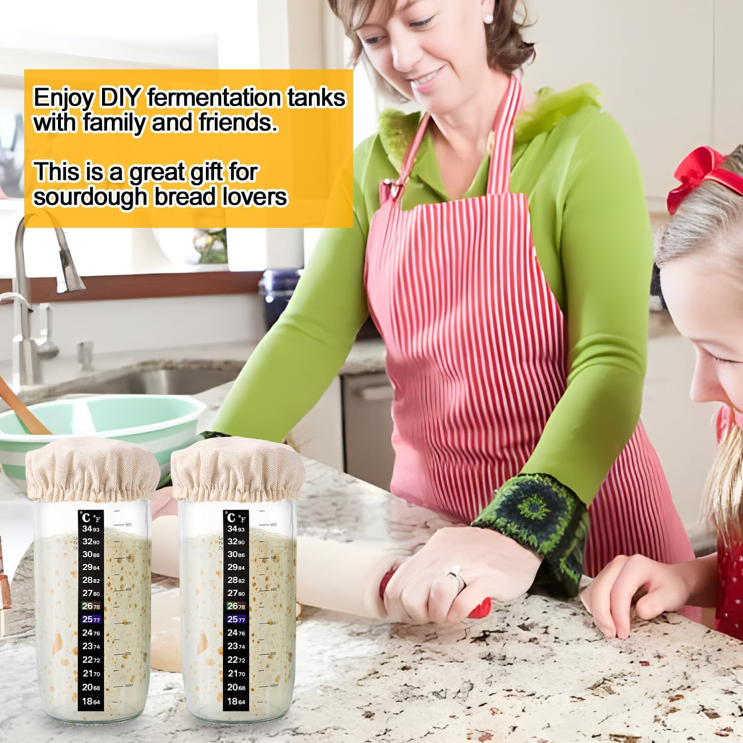 3 Sets Replacement Sourdough Starter Set for Jars, Including Fabrics Sourdough Jar Lid and Thermometer Strips Bread Rice Lid for 7.5-10.2Cm Potmond Baking Supplies for Bread Fermentation image number 2